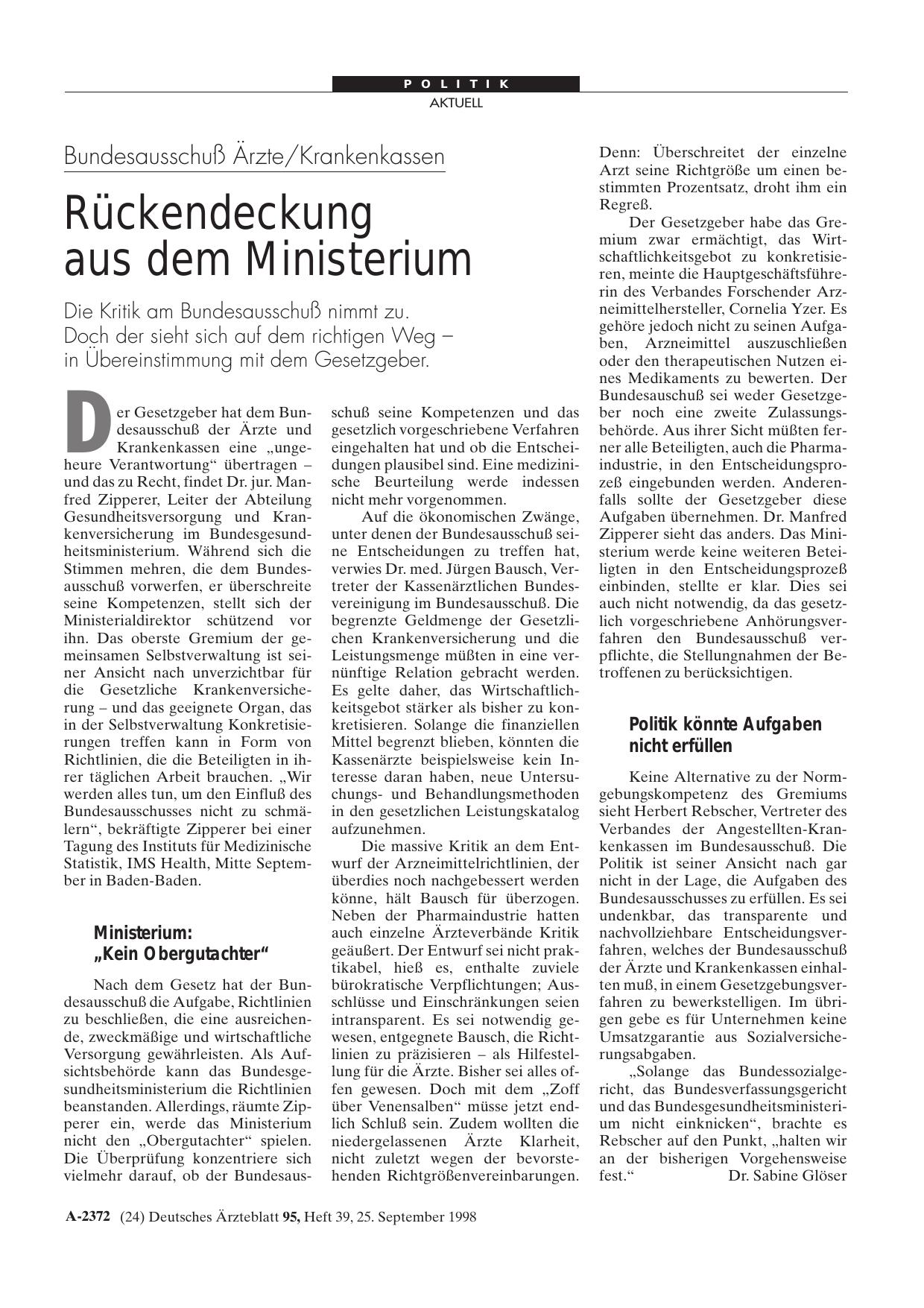 Vorschauseite 1: Bundesausschuß Ärzte/Krankenkassen: Rückendeckung aus dem Ministerium
