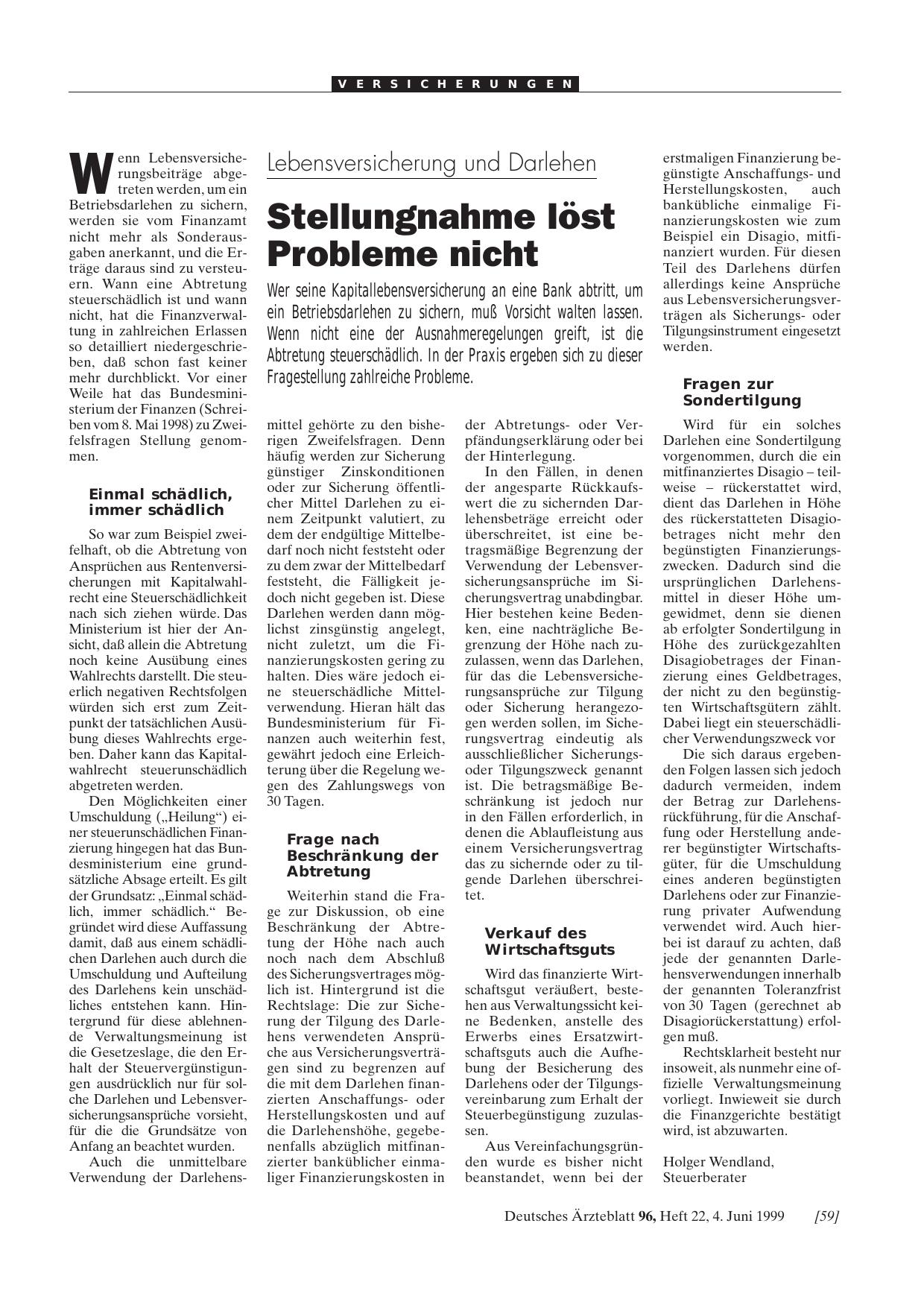 Vorschauseite 1: Lebensversicherung und Darlehen: Stellungnahme löst Probleme nicht