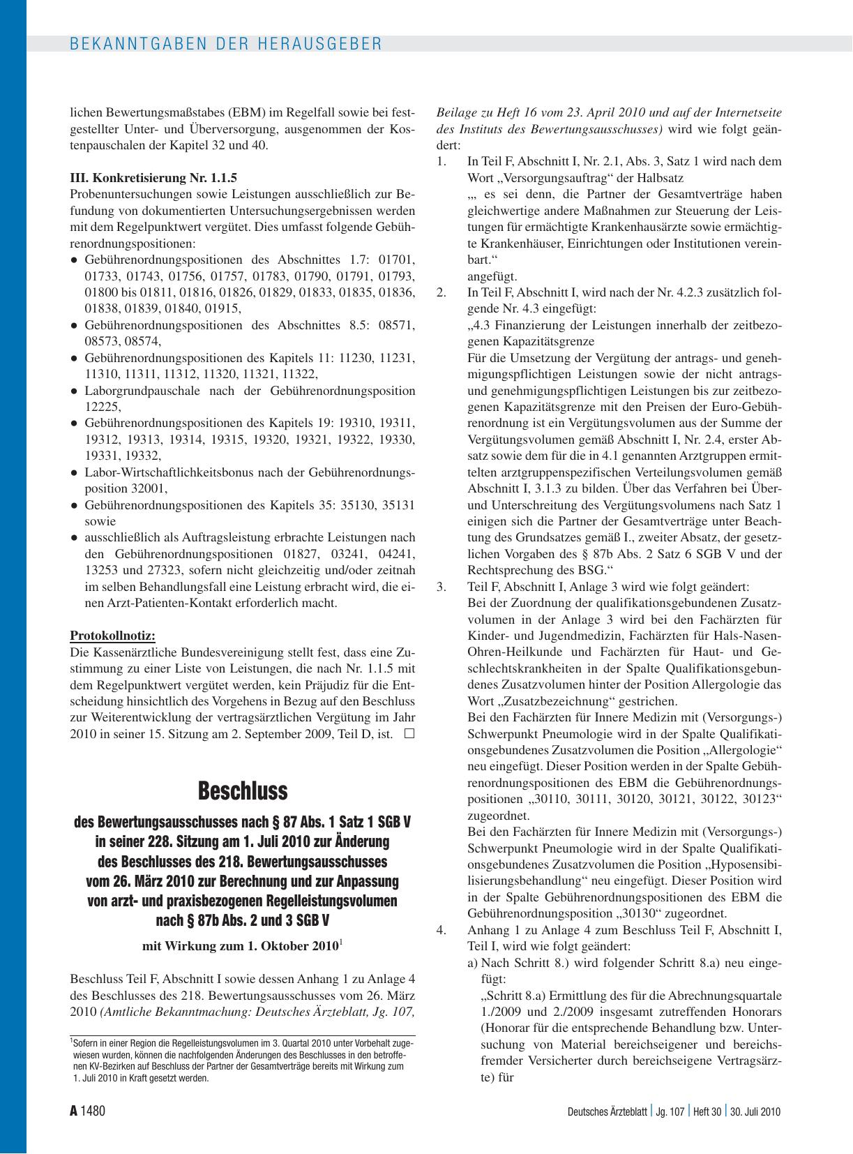 Vorschauseite 1: Beschluss des Bewertungsausschusses nach § 87 Abs. 1 Satz 1 SGB V in seiner 228. Sitzung am 1. Juli 2010 zur Änderung des Beschlusses des 218. Bewertungsausschusses vom 26. März 2…