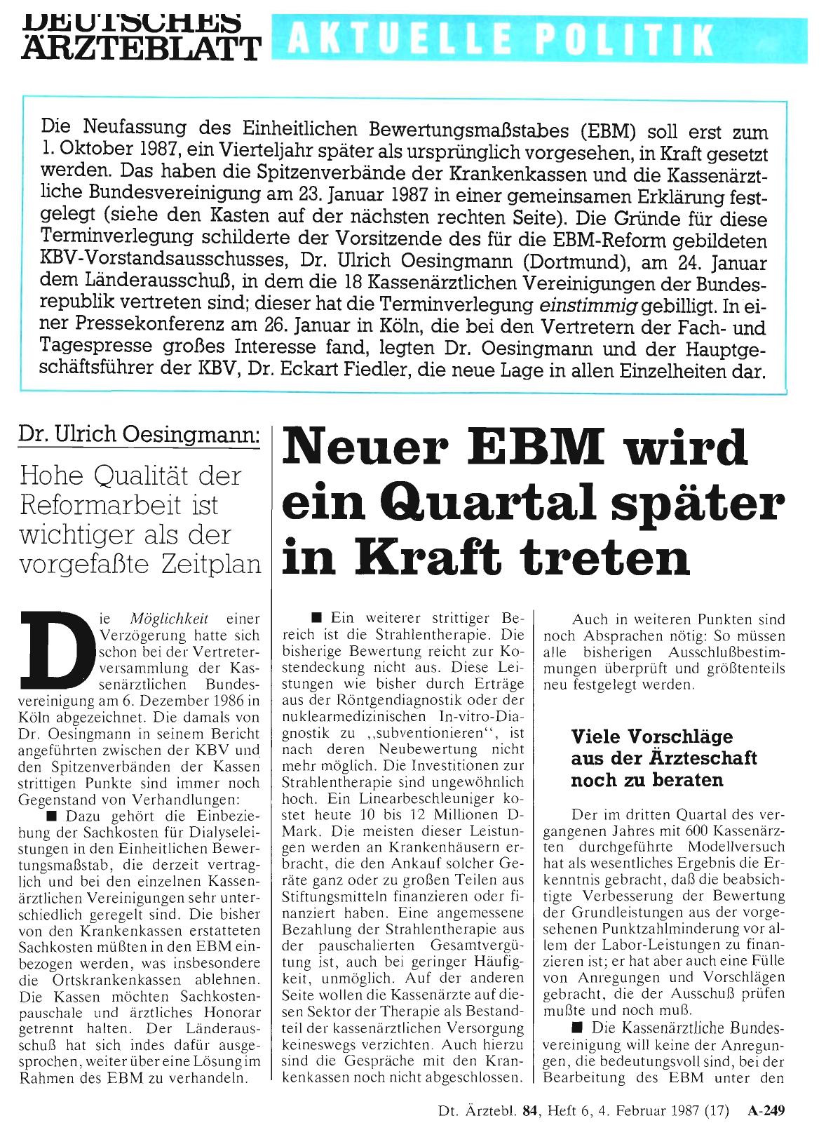 Vorschauseite 1: Neuer EBM wird ein Quartal später in Kraft treten