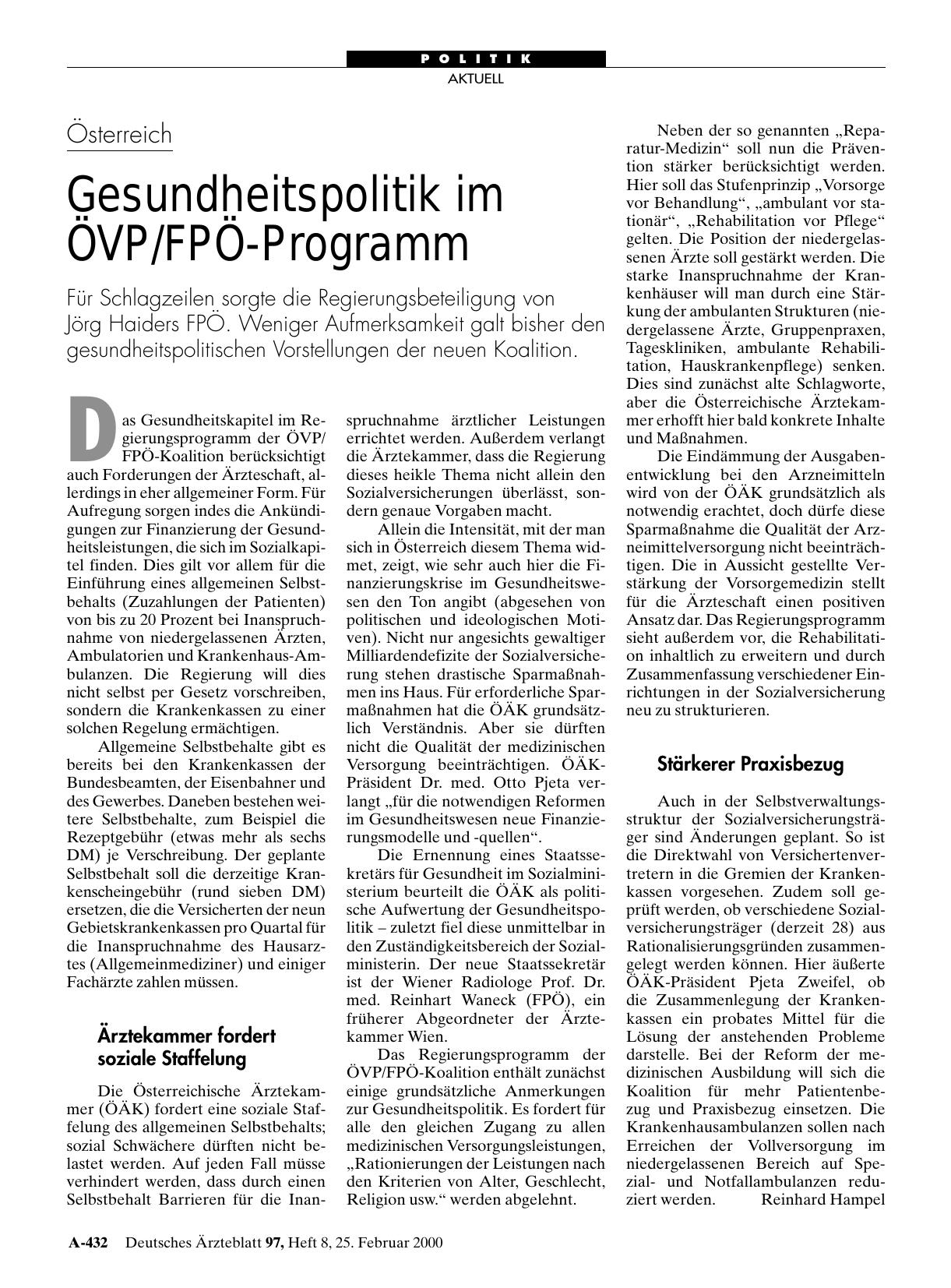 Vorschauseite 1: Österreich: Gesundheitspolitik im ÖVP/FPÖ-Programm