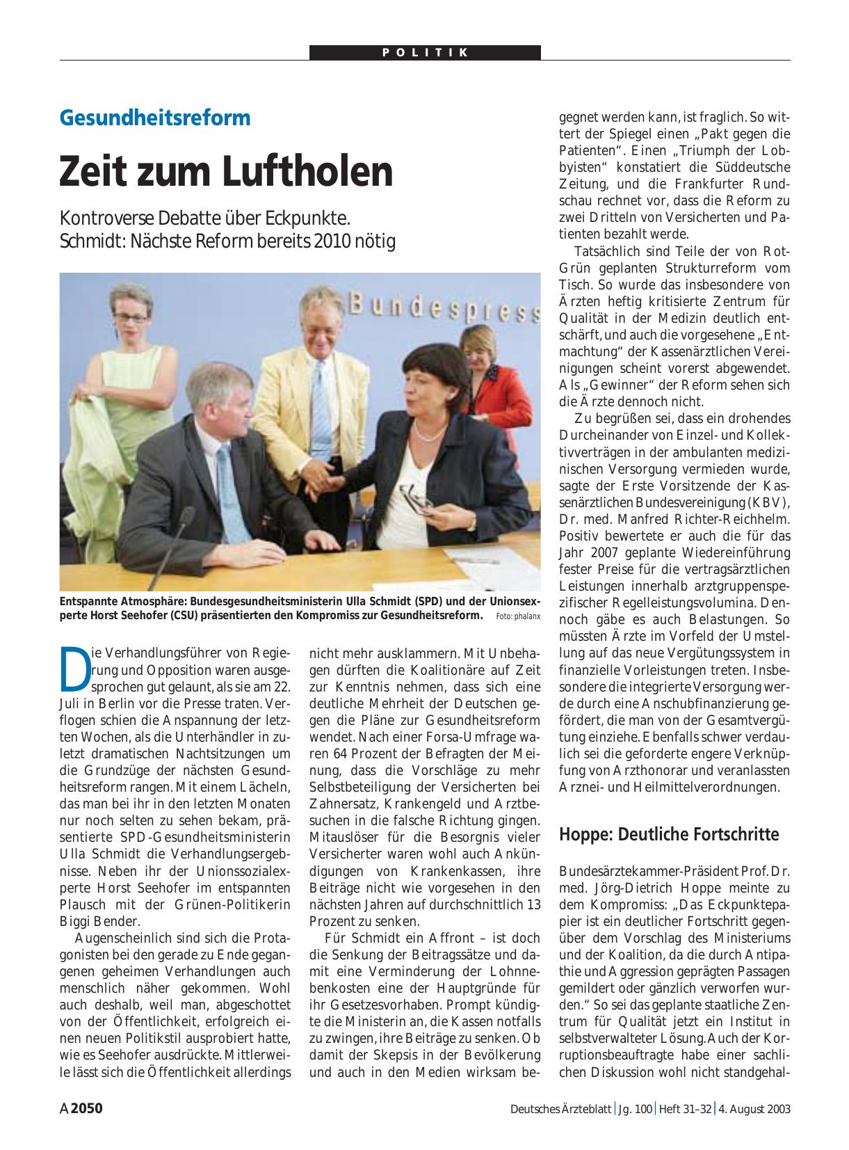 Vorschauseite 1: Gesundheitsreform: Zeit zum Luftholen