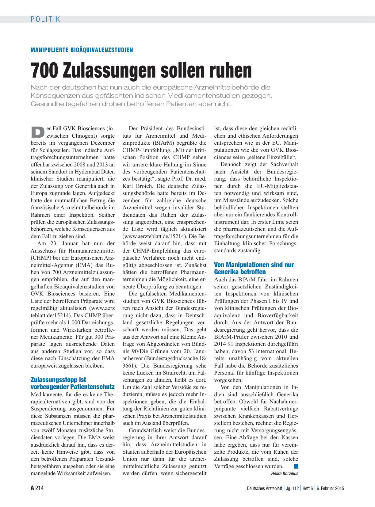 Vorschauseite 1: Manipulierte Bioäquivalenzstudien: 700 Zulassungen sollen ruhen