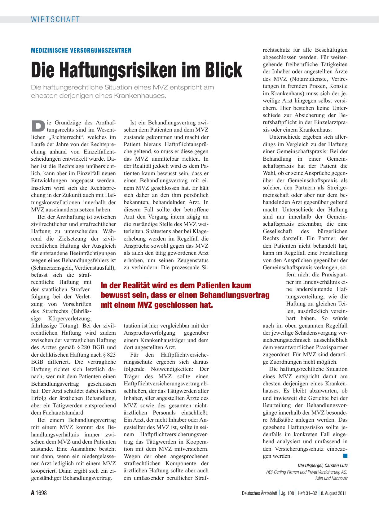 Vorschauseite 1: Medizinische Versorgungszentren: Die Haftungsrisiken im Blick