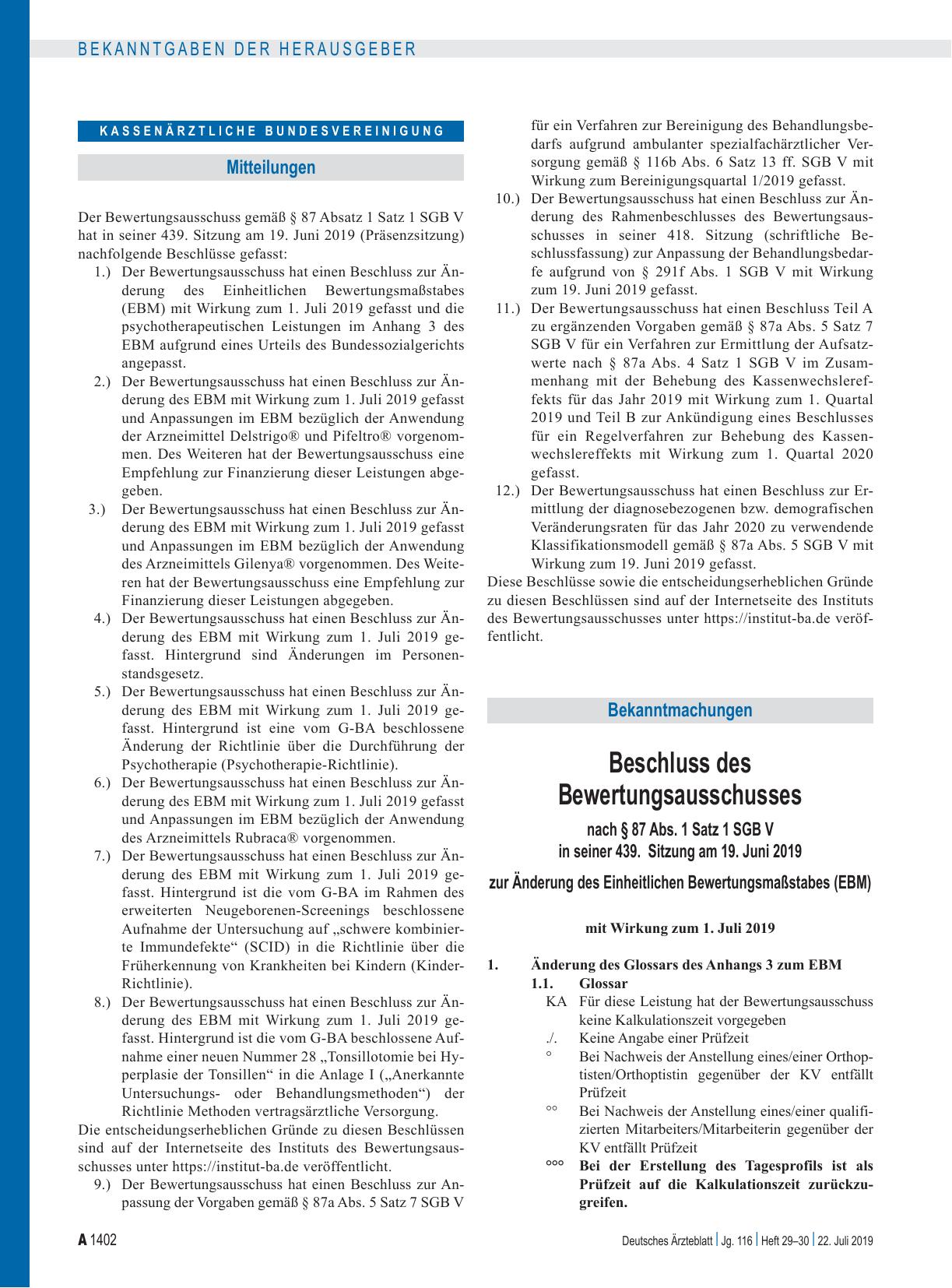 Vorschauseite 1: Beschluss des Bewertungsausschusses nach § 87 Abs. 1 Satz 1 SGB V in seiner 439. Sitzung zur Änderung des Einheitlichen Bewertungsmaßstabes (EBM): Teil A zur Änderung des Einheitl…