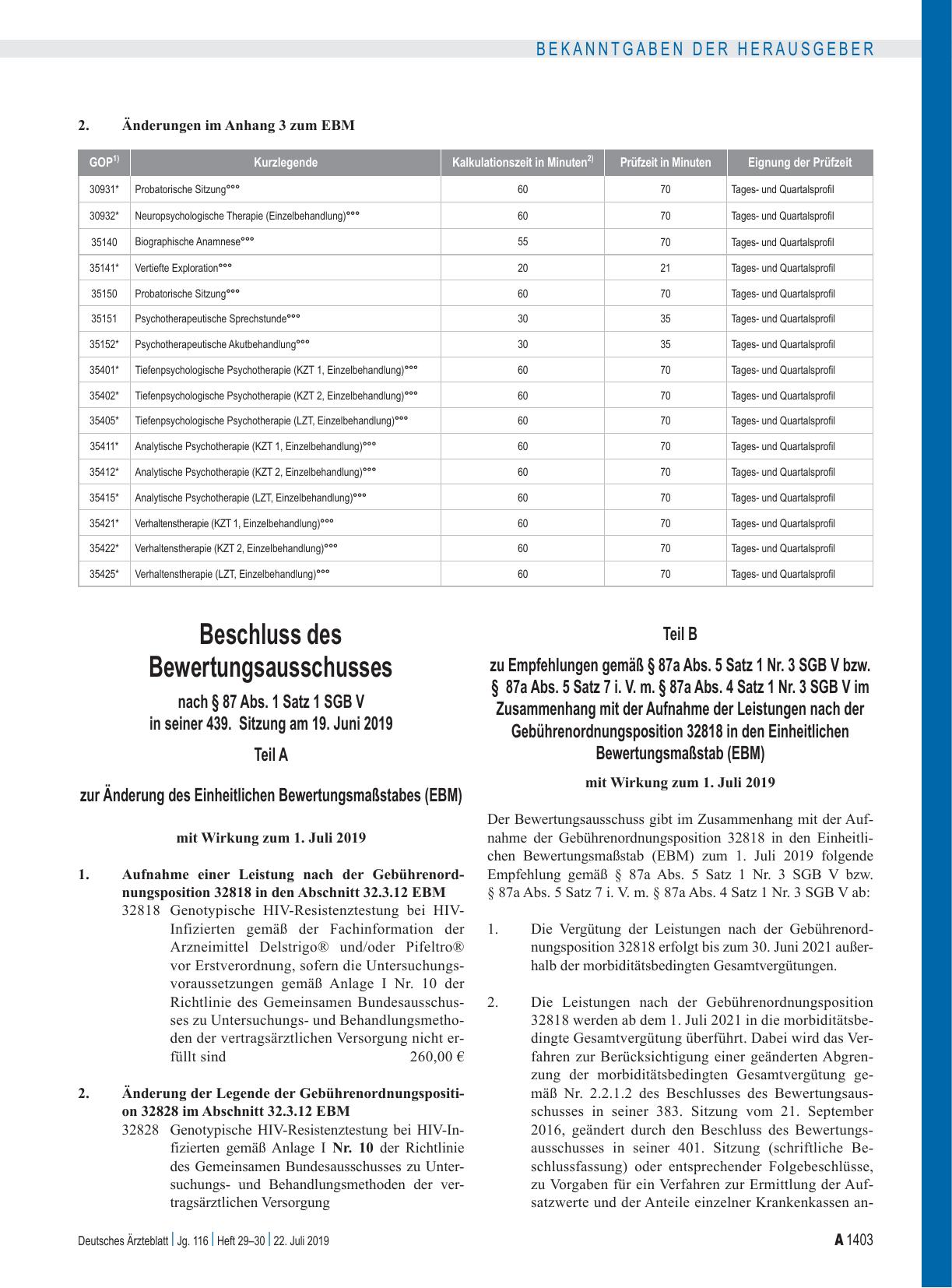 Vorschauseite 2: Beschluss des Bewertungsausschusses nach § 87 Abs. 1 Satz 1 SGB V in seiner 439. Sitzung zur Änderung des Einheitlichen Bewertungsmaßstabes (EBM): Teil A zur Änderung des Einheitl…