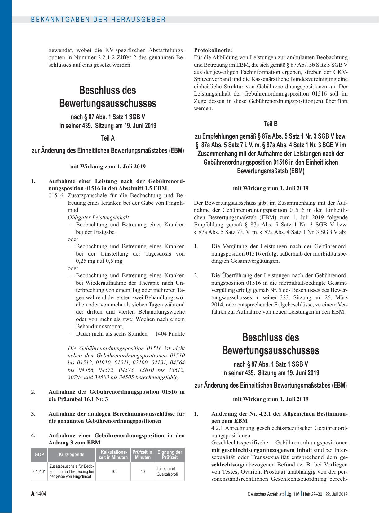 Vorschauseite 3: Beschluss des Bewertungsausschusses nach § 87 Abs. 1 Satz 1 SGB V in seiner 439. Sitzung zur Änderung des Einheitlichen Bewertungsmaßstabes (EBM): Teil A zur Änderung des Einheitl…