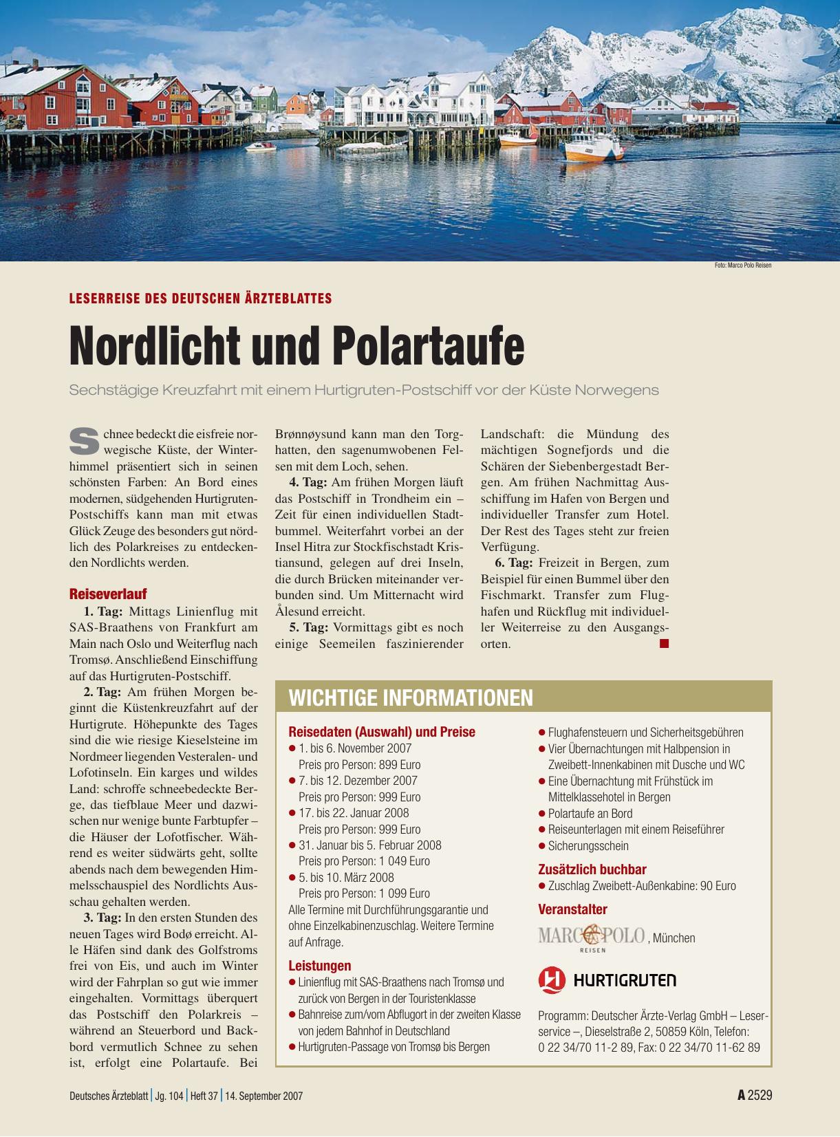 Vorschauseite 1: Leserreise des Deutschen Ärzteblattes: Nordlicht und Polartaufe
