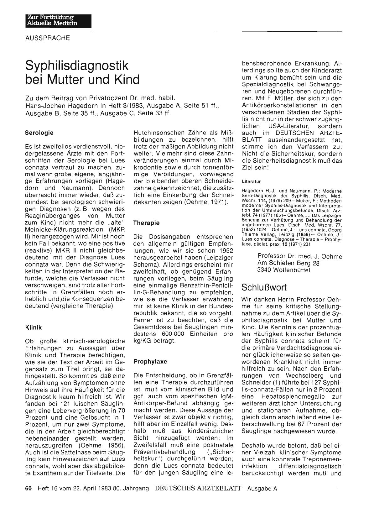 Vorschauseite 1: Syphilisdiagnostik bei Mutter und Kind: Schlußwort