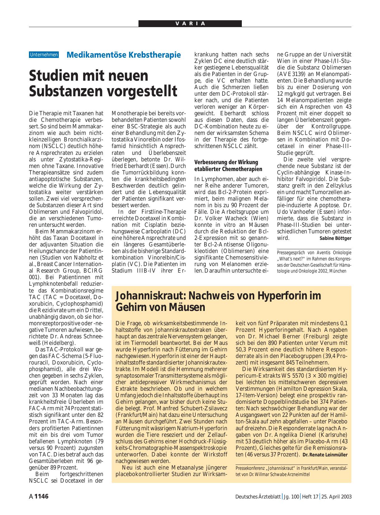Vorschauseite 1: Medikamentöse Krebstherapie: Studien mit neuen Substanzen vorgestellt