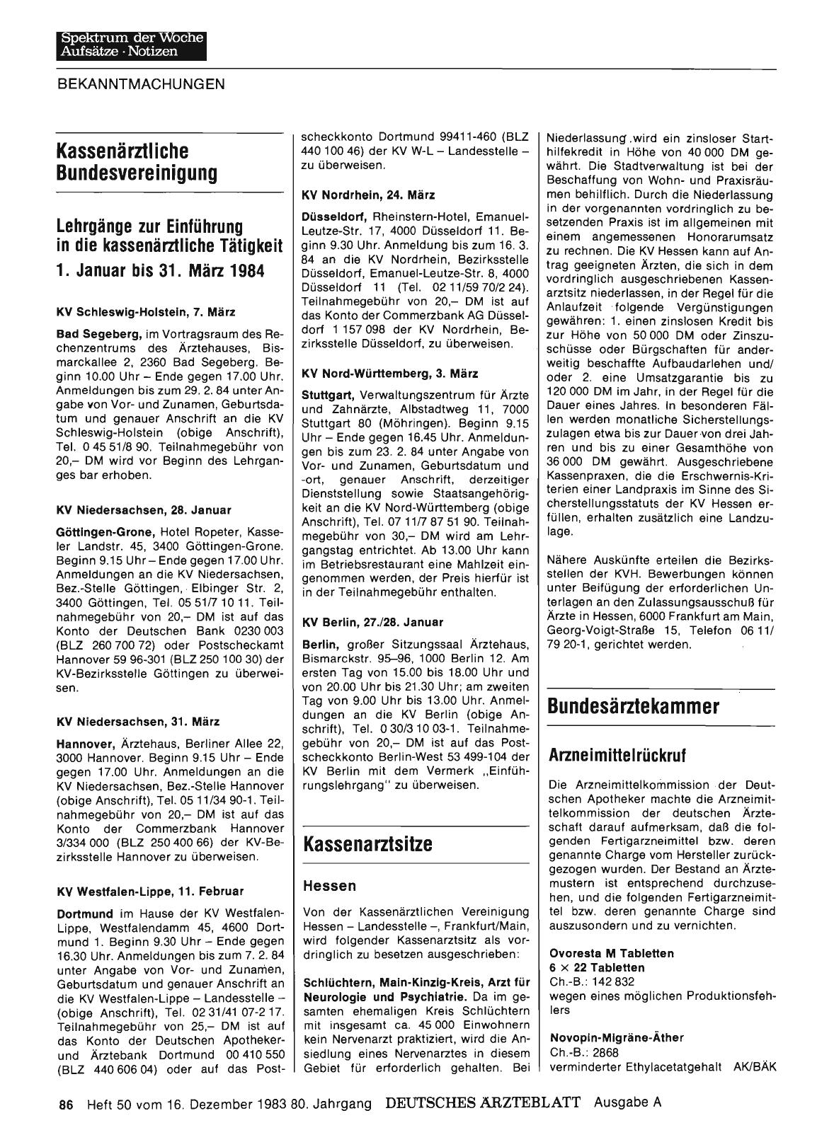 Vorschauseite 1: Lehrgänge zur Einführung in die kassenärztliche Tätigkeit 1. Januar bis 31. März 1984