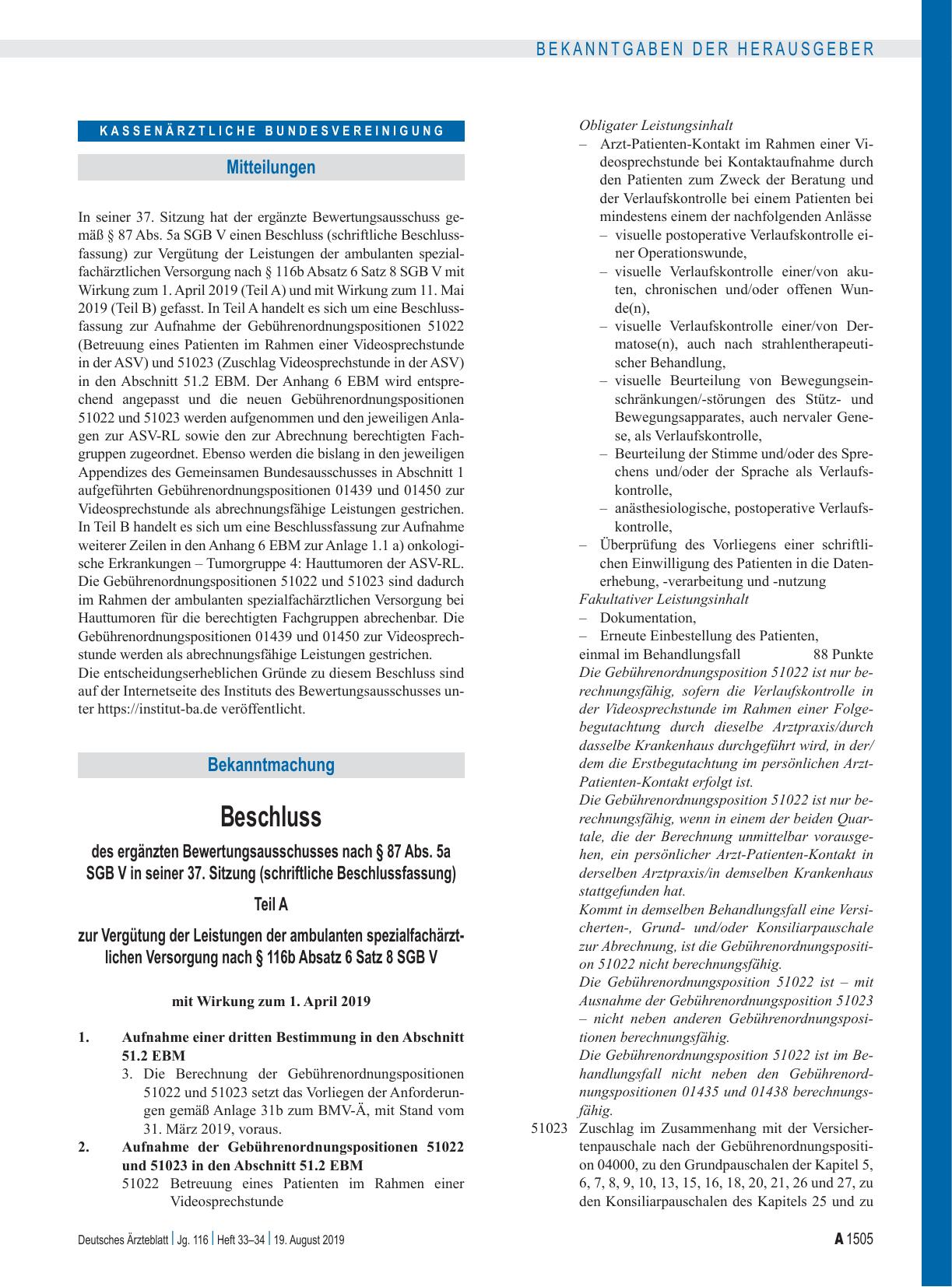 Vorschauseite 1: Beschluss des ergänzten Bewertungsausschusses nach § 87 Abs. 5a SGB V in seiner 37. Sitzung (schriftliche Beschlussfassung) Teil A und B