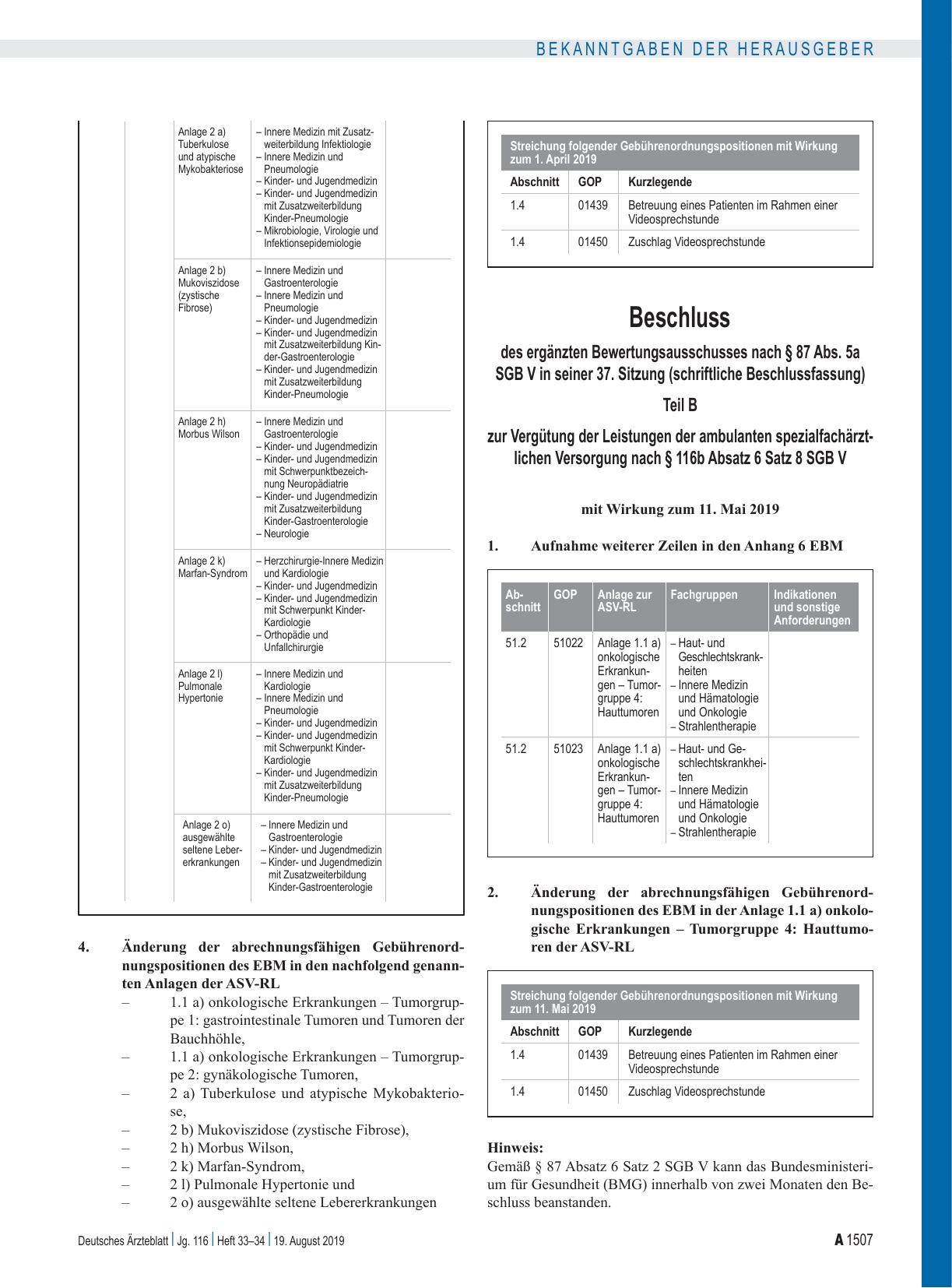 Vorschauseite 3: Beschluss des ergänzten Bewertungsausschusses nach § 87 Abs. 5a SGB V in seiner 37. Sitzung (schriftliche Beschlussfassung) Teil A und B