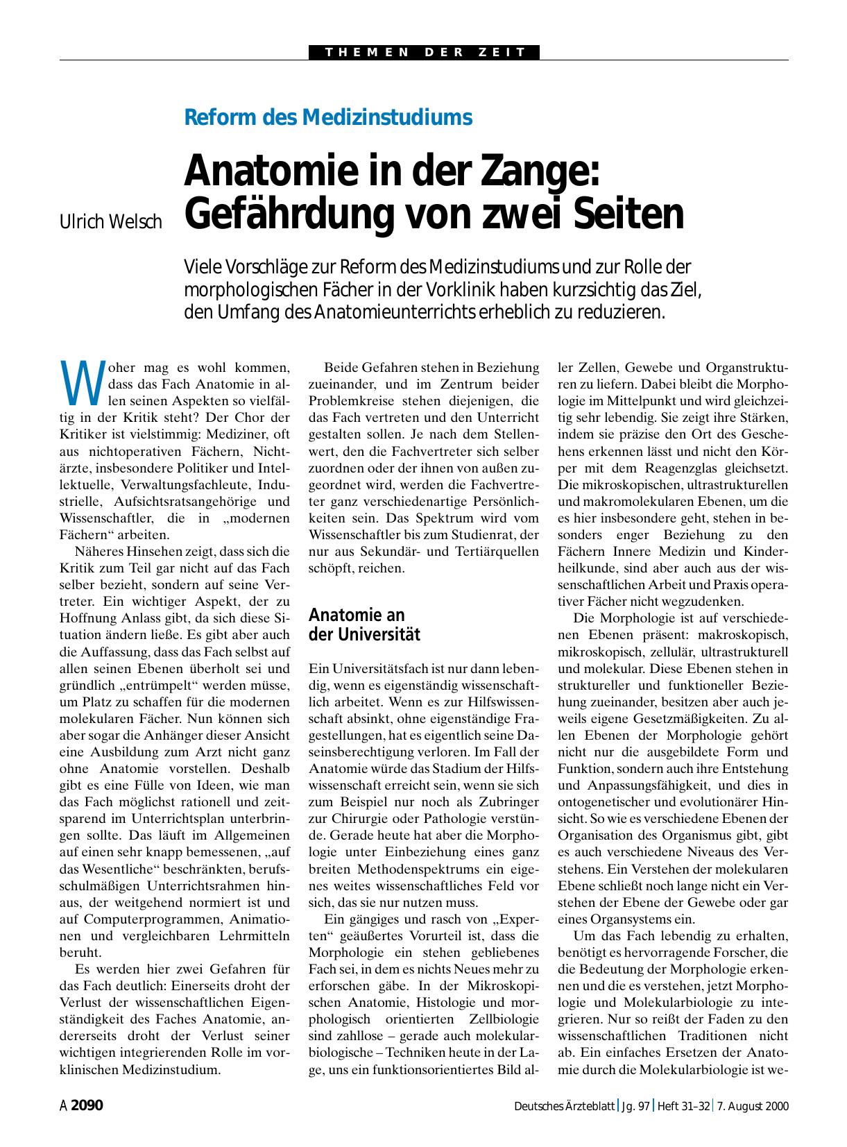 Vorschauseite 1: Reform des Medizinstudiums – Anatomie in der Zange: Gefährdung von zwei Seiten