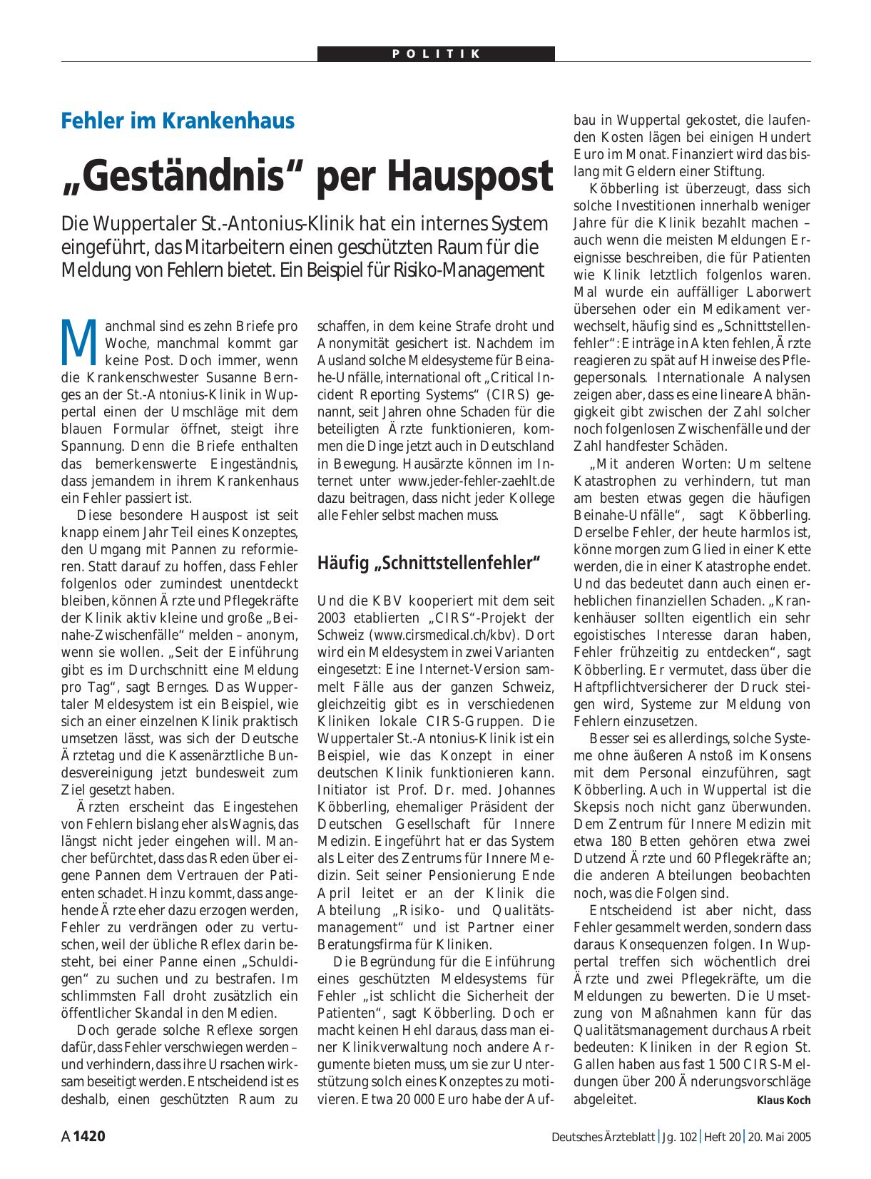 Vorschauseite 1: Fehler im Krankenhaus: „Geständnis“ per Hauspost