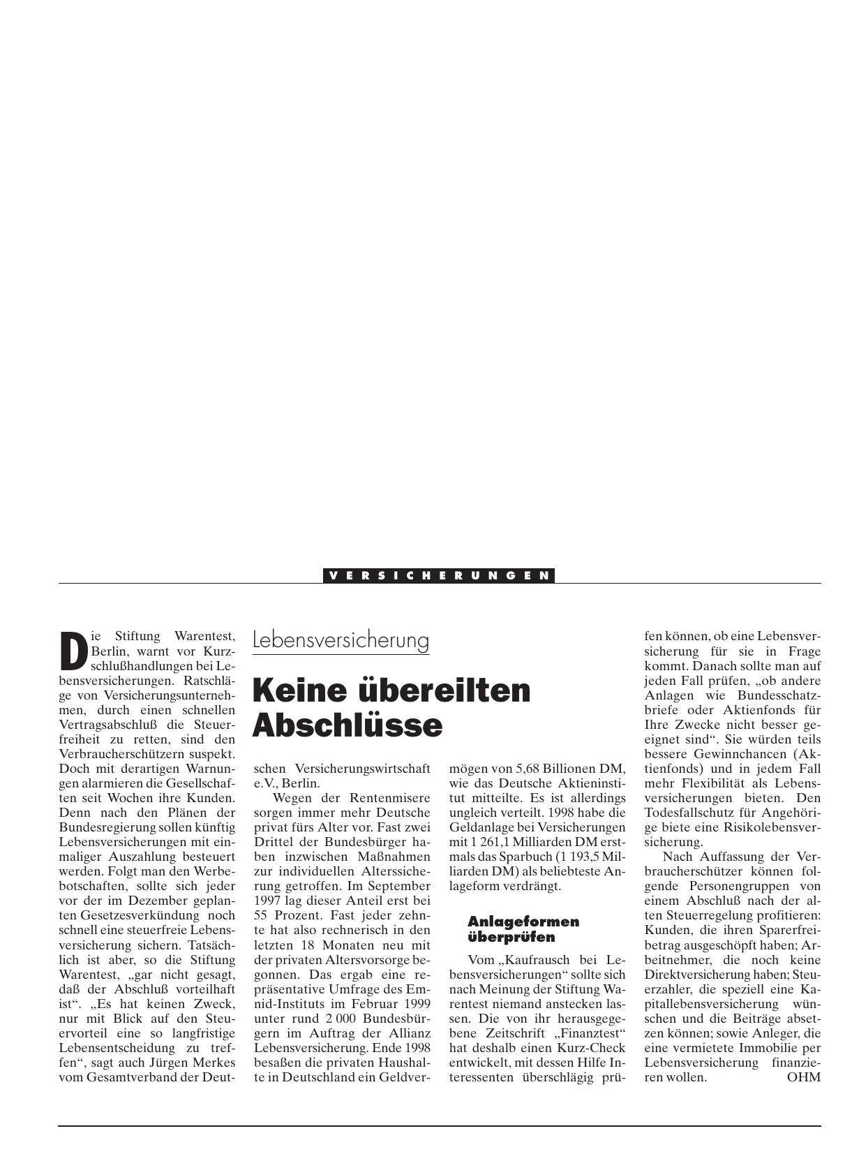 Vorschauseite 1: Lebensversicherung: Keine übereilten Abschlüsse