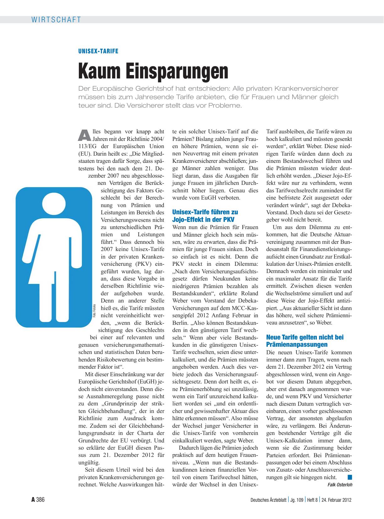 Vorschauseite 1: Unisex-Tarife: Kaum Einsparungen