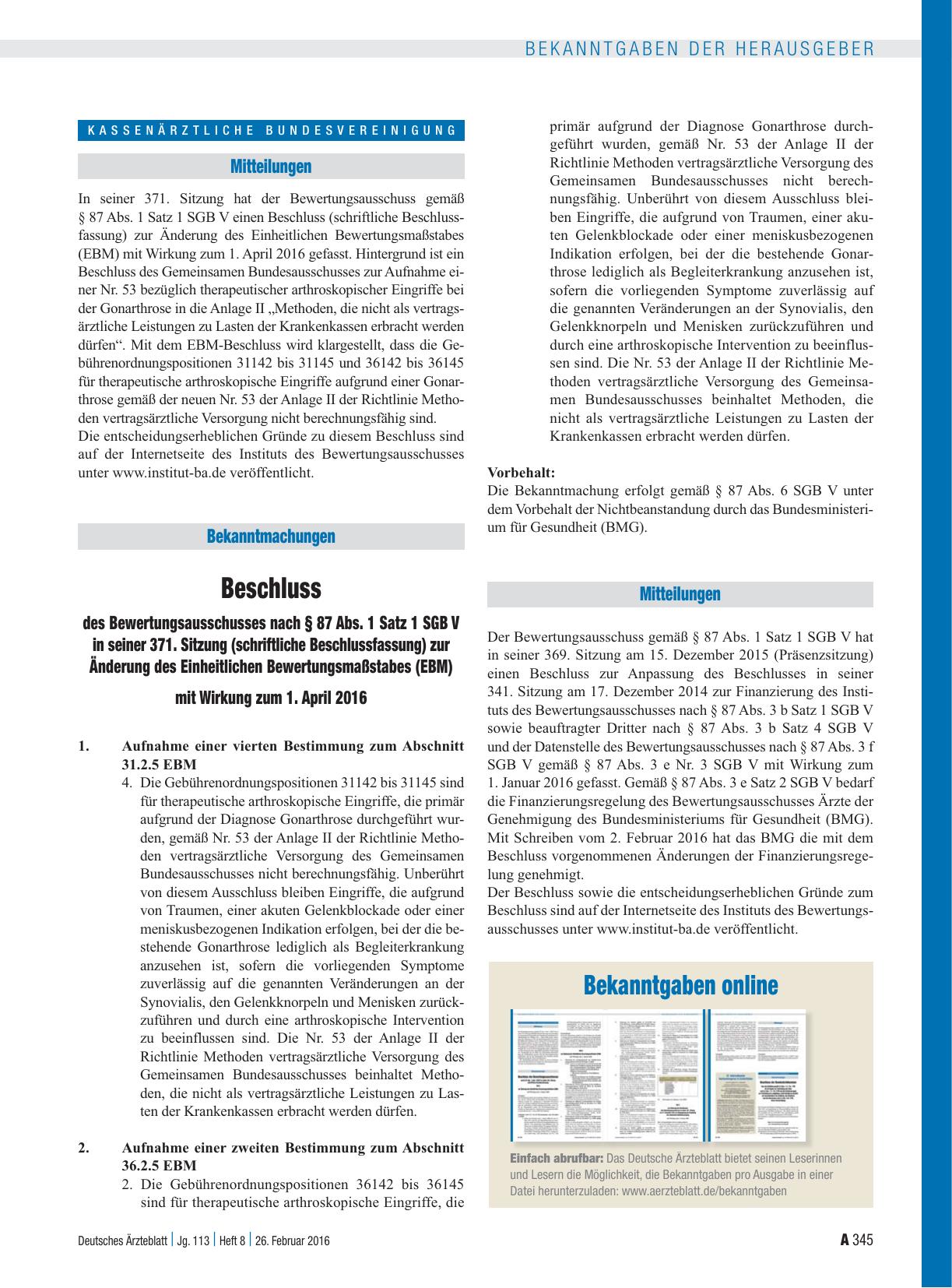 Vorschauseite 1: Beschluss des Bewertungsausschusses nach § 87 Abs. 1 Satz 1 SGB V in seiner 371. Sitzung (schriftliche Beschlussfassung) zur Änderung des Einheitlichen Bewertungsmaßstabes (EBM) m…