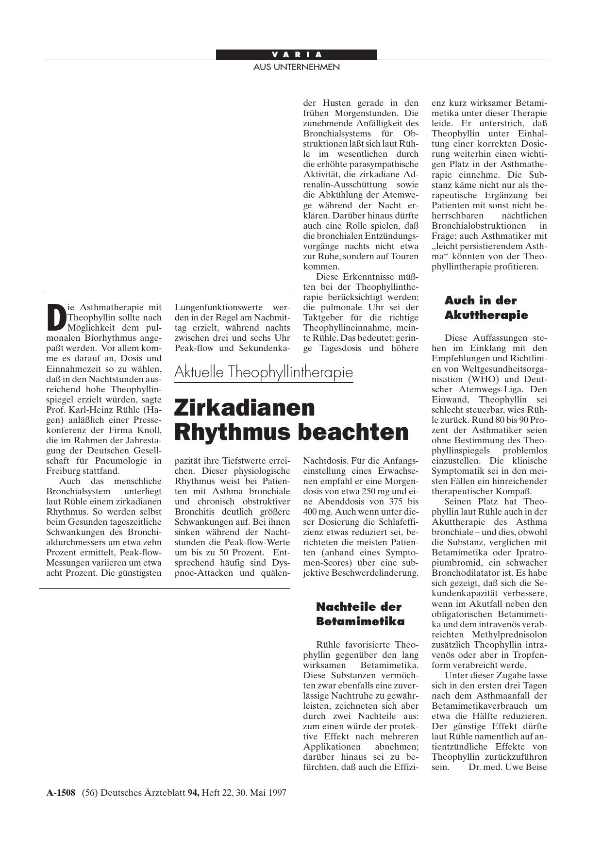 Vorschauseite 1: Aktuelle Theophyllintherapie: Zirkadianen Rhythmus beachten