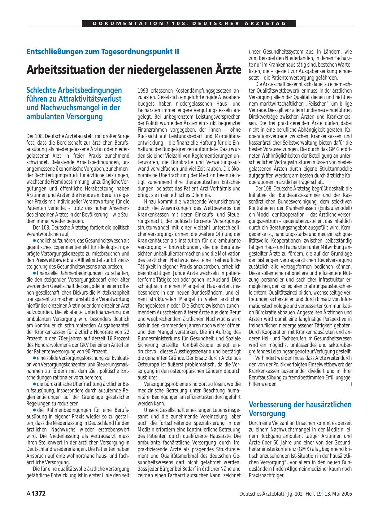 Vorschauseite 1: Entschließungen zum Tagesordnungspunkt II: Arbeitssituation der niedergelassenen Ärzte