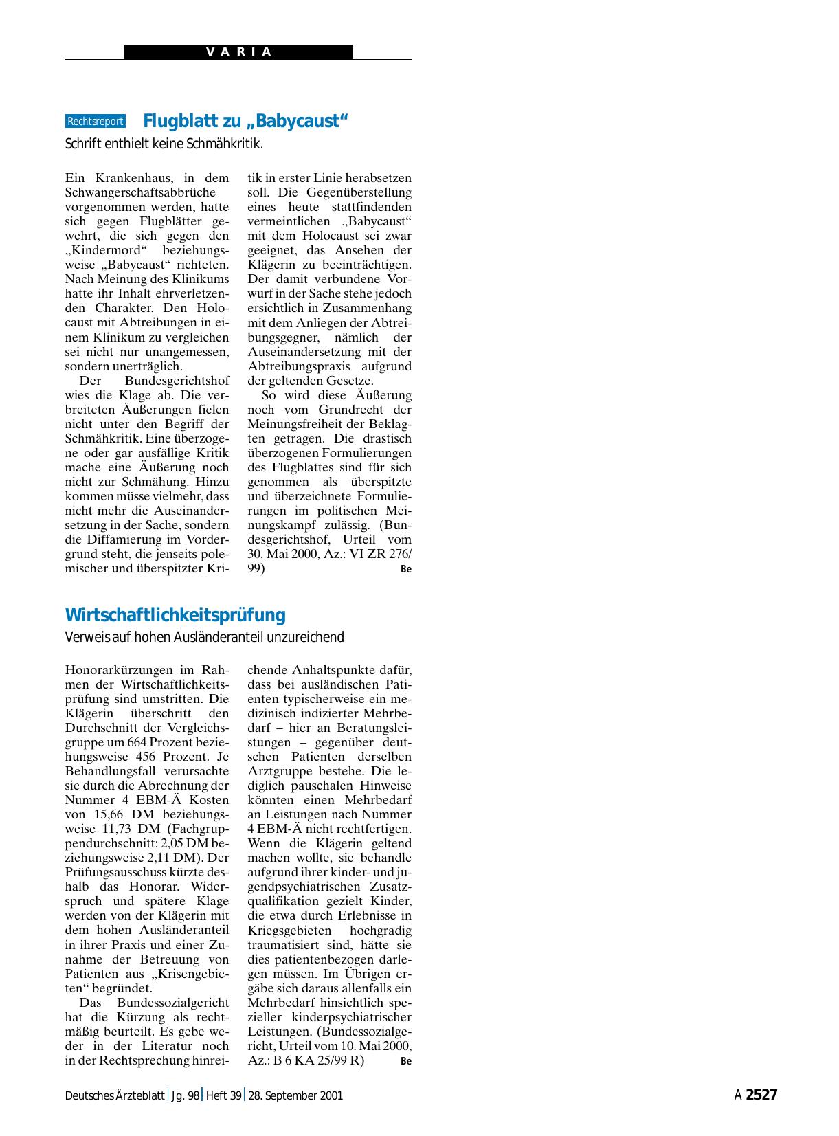 Vorschauseite 1: Flugblatt zu „Babycaust“: Schrift enthielt keine Schmähkritik