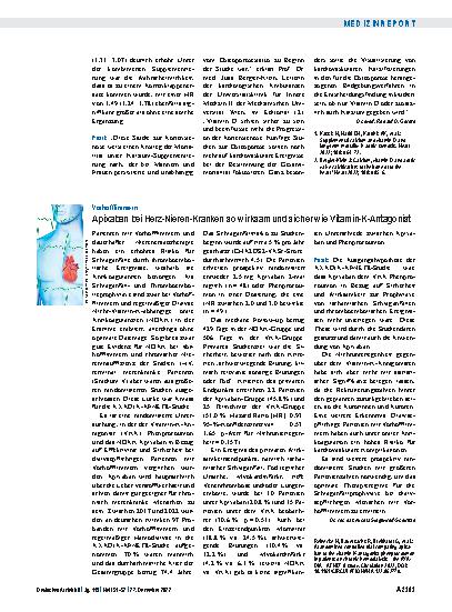 Vorschauseite 1: Vorhofflimmern: Apixaban bei Herz-Nieren-Kranken so wirksam und sicher wie Vitamin-K-Antagonist