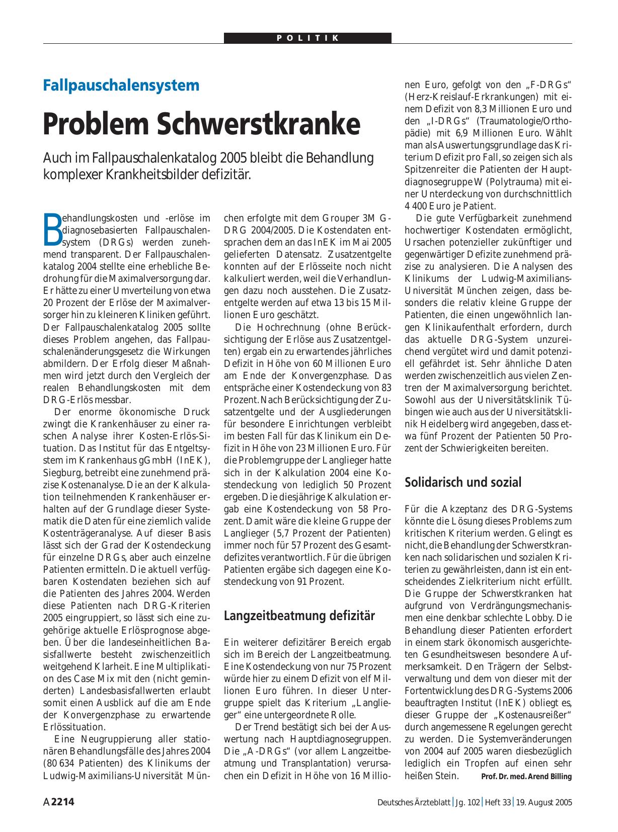 Vorschauseite 1: Fallpauschalensystem: Problem Schwerstkranke