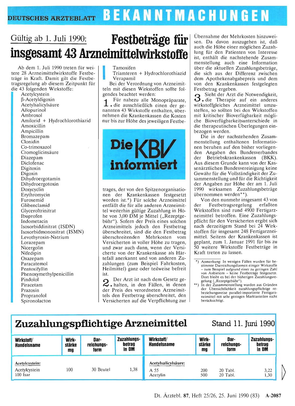 Vorschauseite 1: Gültig ab 1. Juli 1990: Festbeträge für insgesamt 43 Arzneimittelwirkstoffe