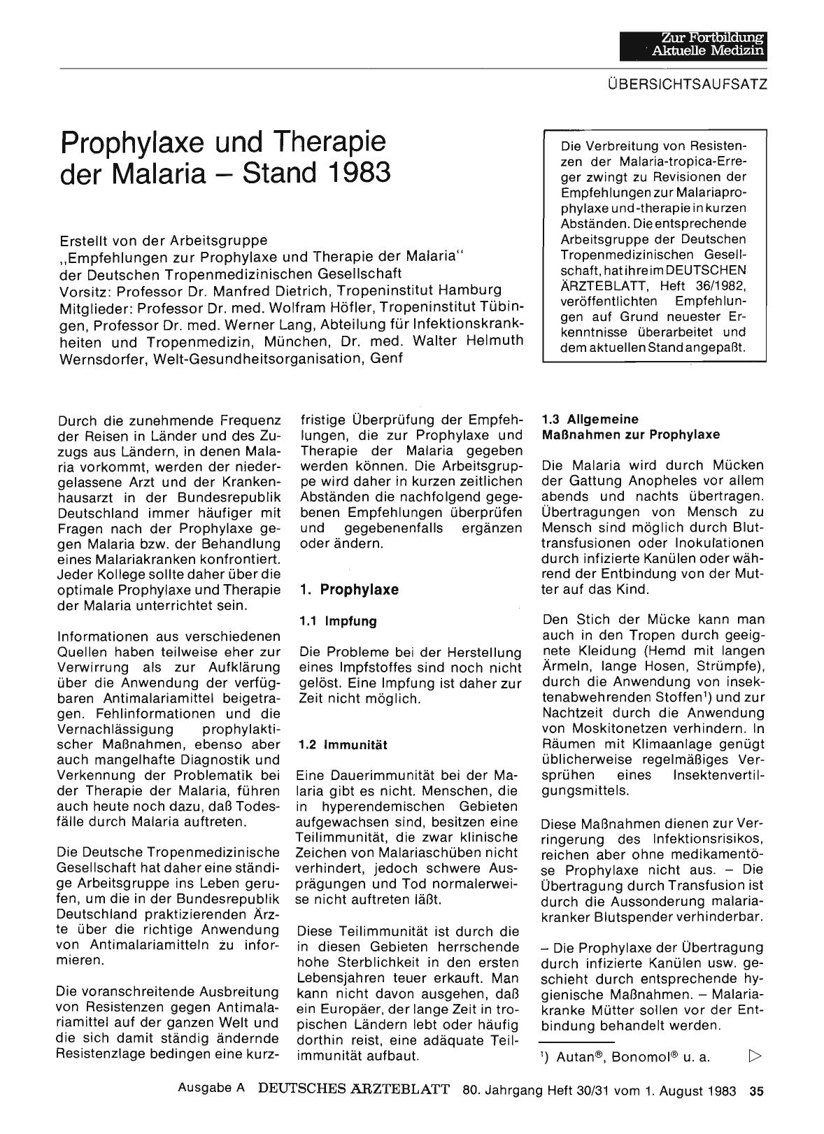Vorschauseite 1: Prophylaxe und Therapie der Malaria — Stand 1983