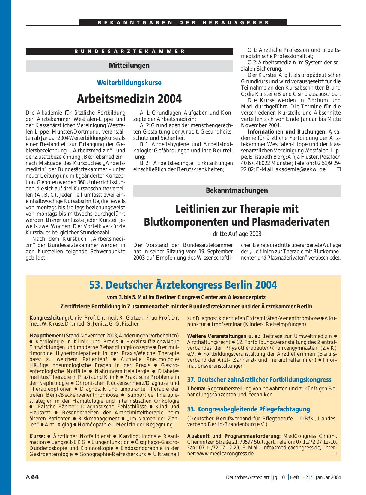 Vorschauseite 1: Mitteilungen: Arbeitsmedizin 2004