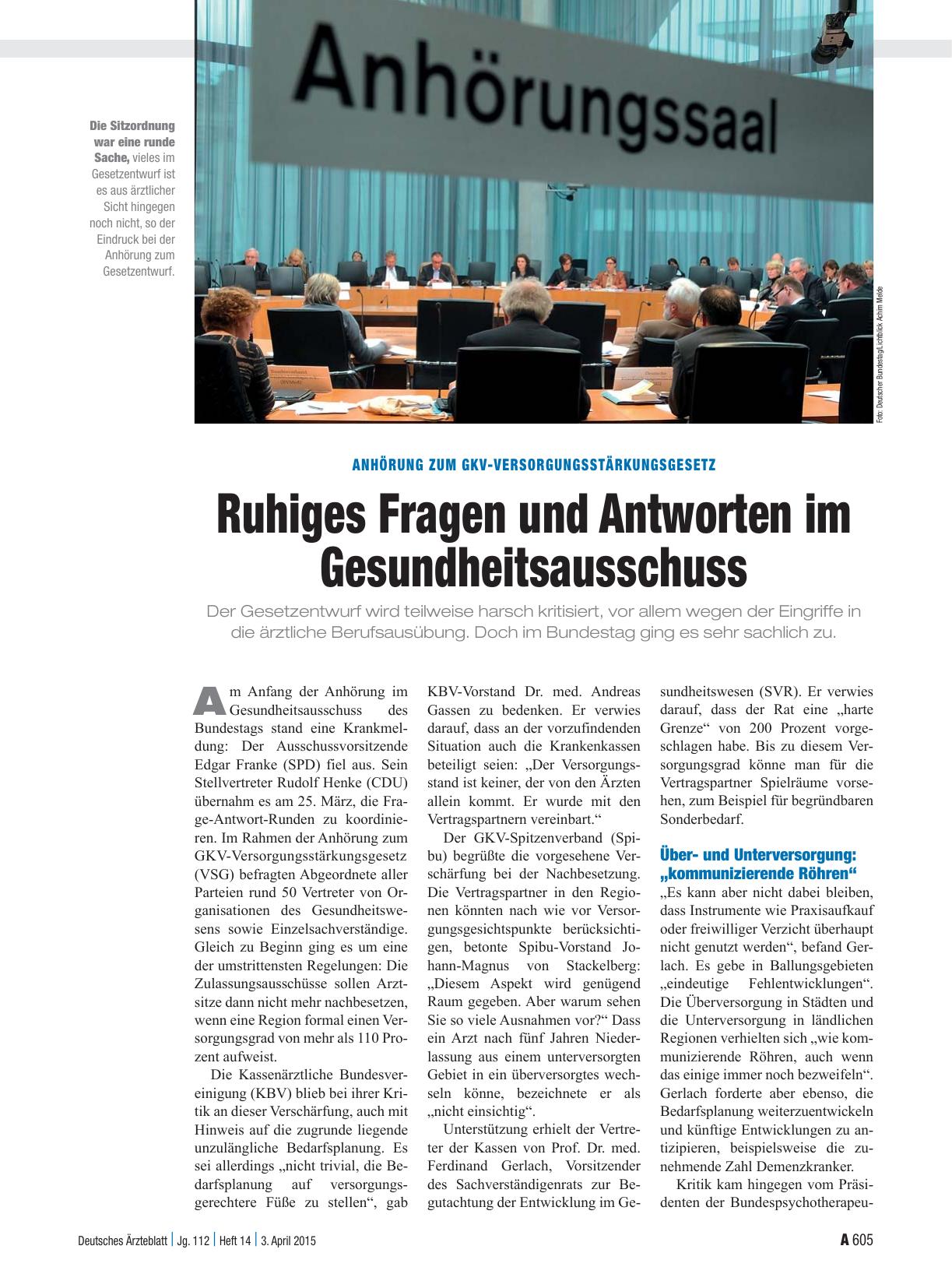 Vorschauseite 1: Anhörung zum GKV-Versorgungsstärkungsgesetz: Ruhiges Fragen und Antworten im Gesundheitsausschuss