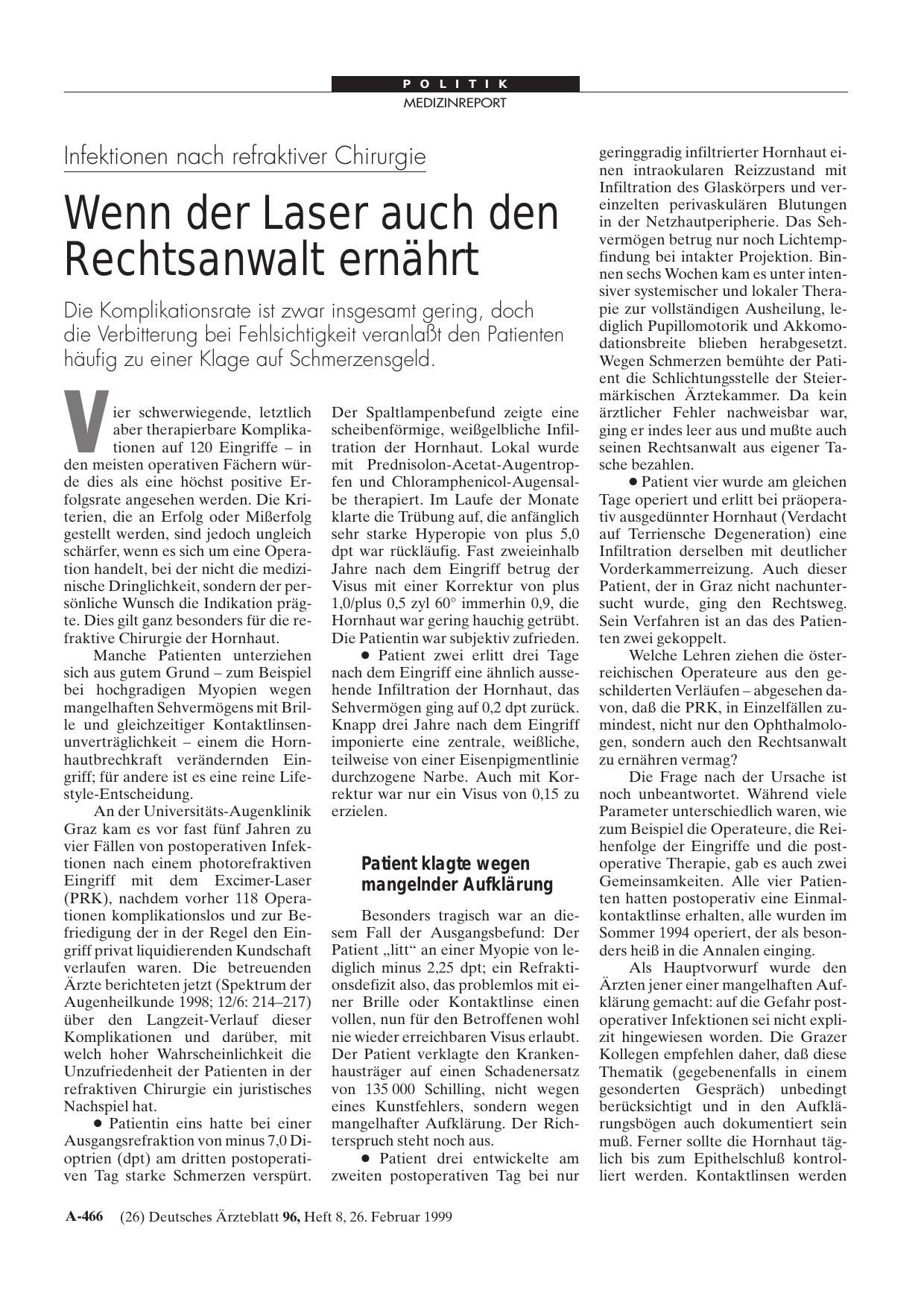 Vorschauseite 1: Infektionen nach refraktiver Chirurgie: Wenn der Laser auch den Rechtsanwalt ernährt