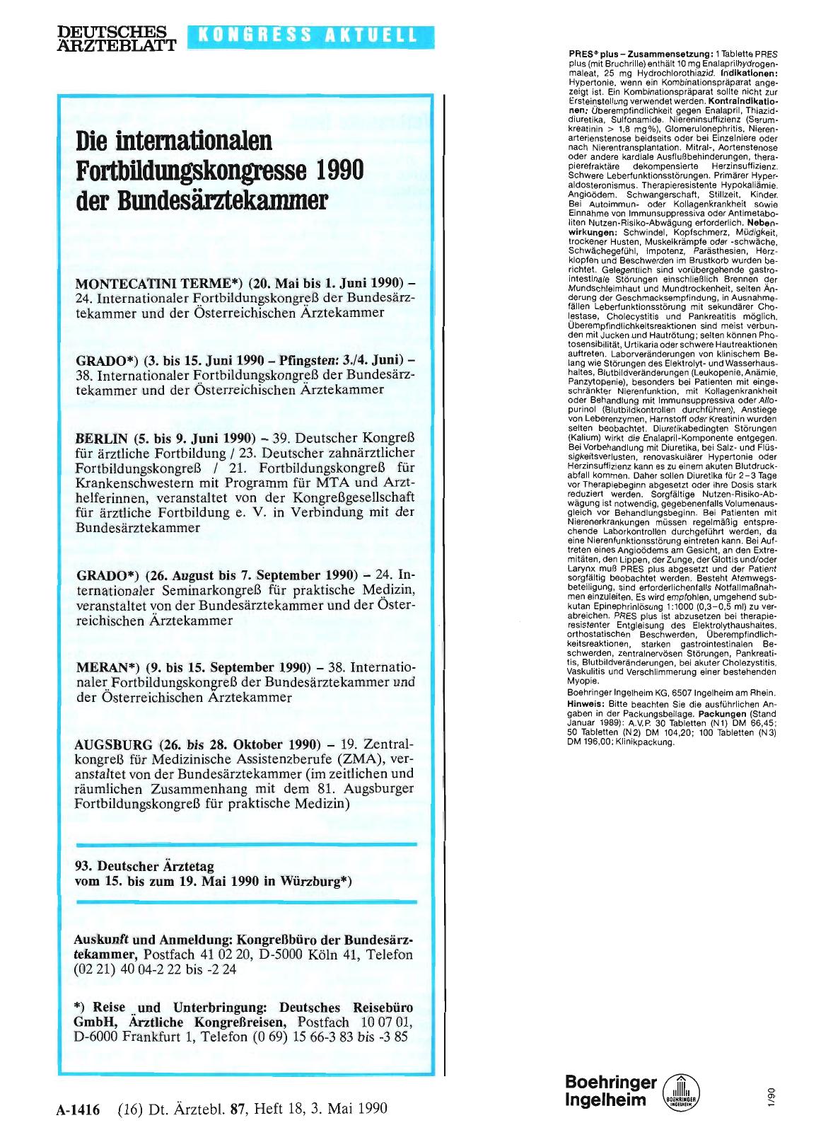 Vorschauseite 1: Die internationalen Fortbildungskongresse 1990 der Bundesärztekammer