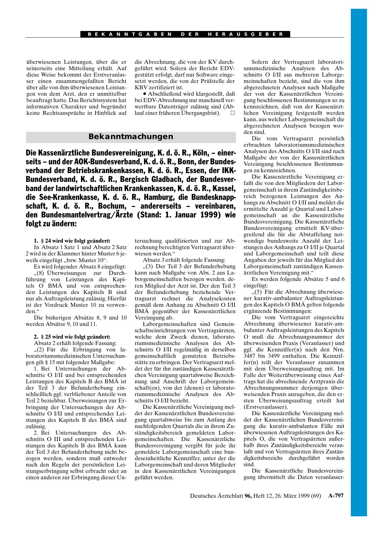 Vorschauseite 1: Änderung Bundesmantelvertrag/Ärzte (Stand: 1. Januar 1999)