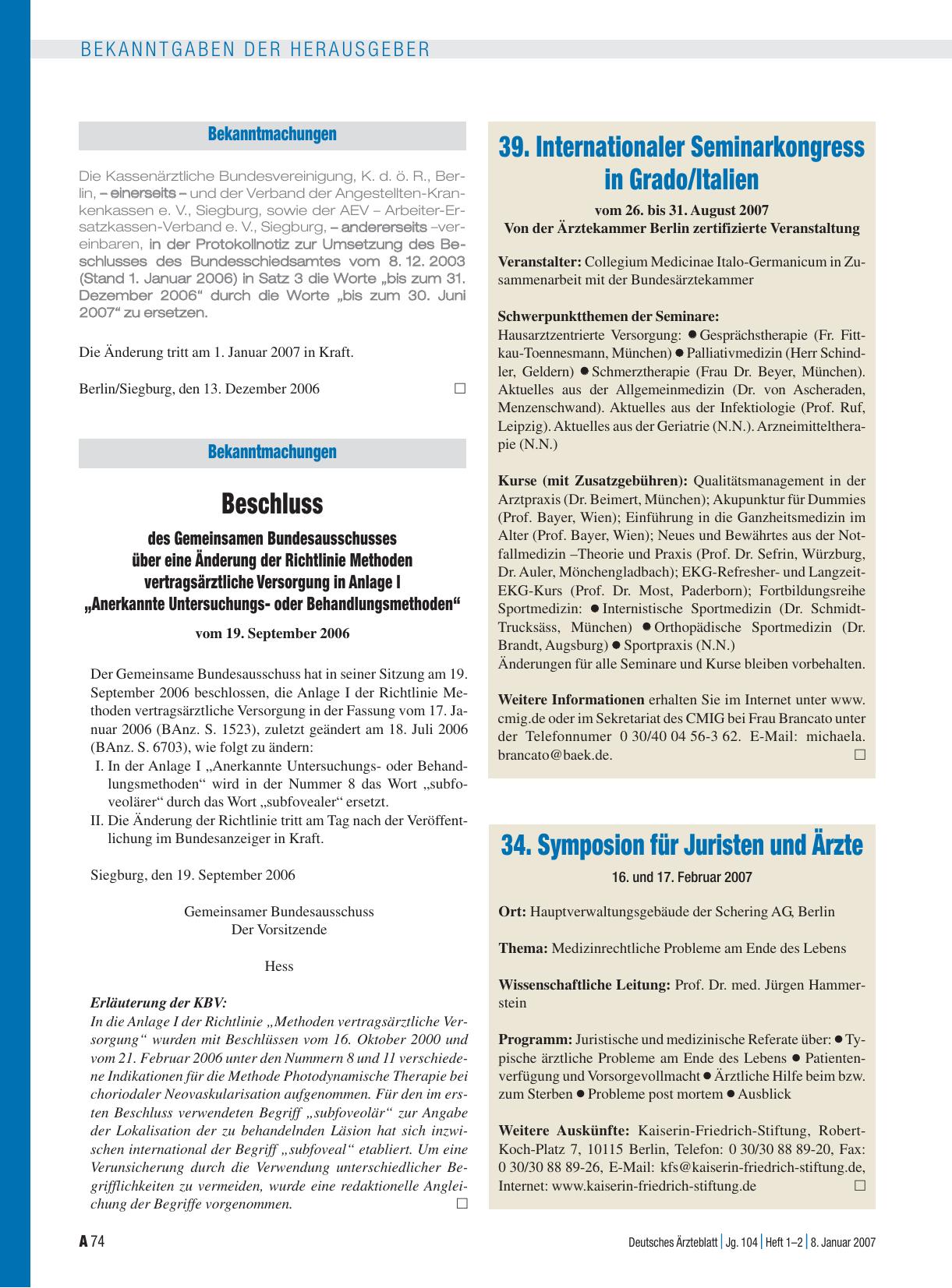 Vorschauseite 1: Bekanntmachungen: Änderung Protokollnotiz zur Umsetzung des Beschlusses des Bundesschiedsamtes vom 8. 12. 2003