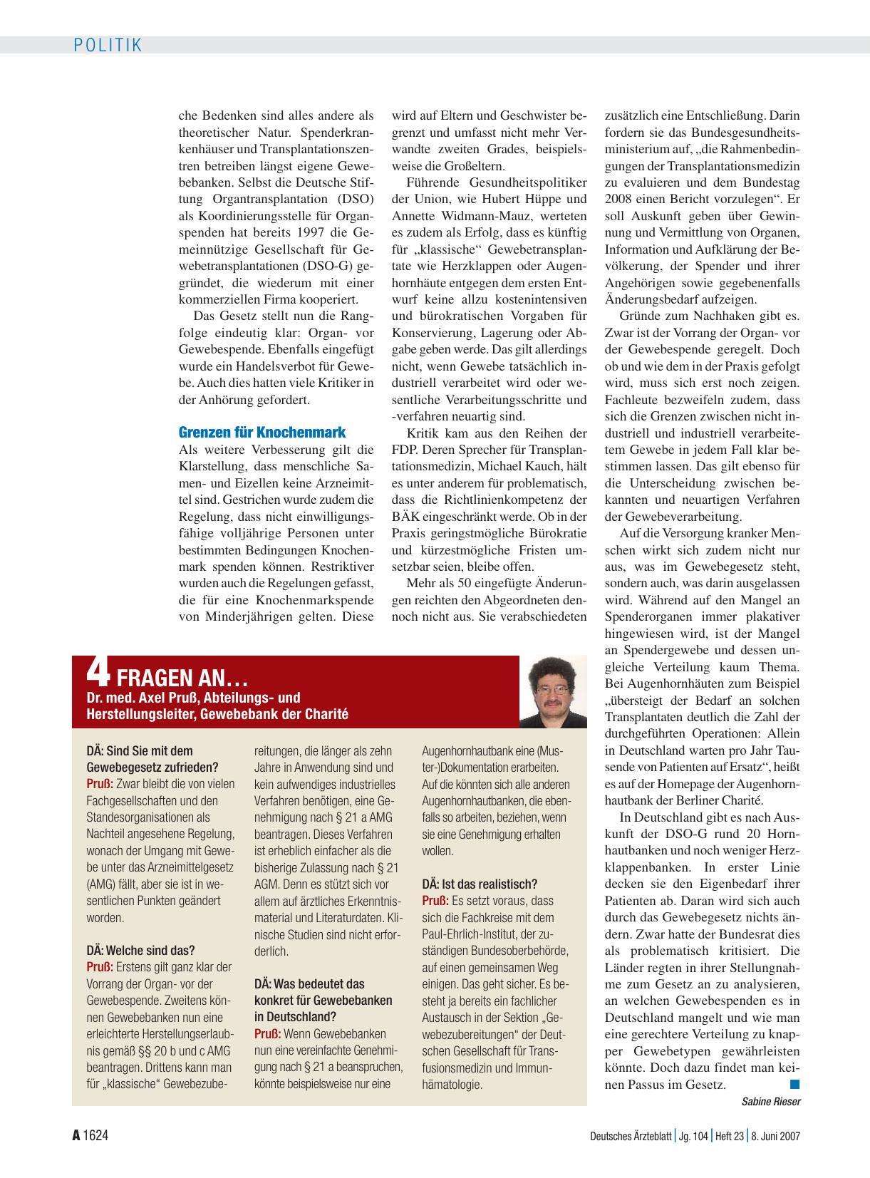 Vorschauseite 1: 4 Fragen an… Dr. med. Axel Pruß, Abteilungsund Herstellungsleiter, Gewebebank der Charité