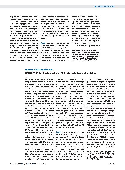 Vorschauseite 1: Intensive Cholesterinsenkung: IMPROVE-IT – Auch sehr niedrige LDL-Cholesterin-Werte sind sicher