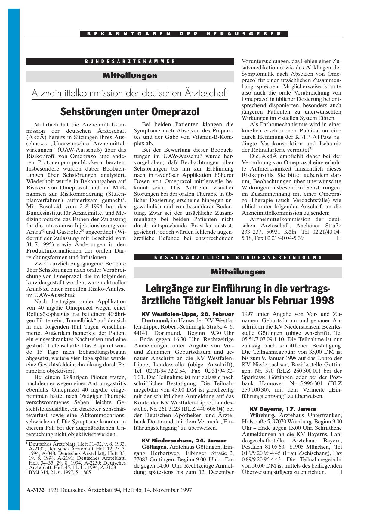 Vorschauseite 1: Mitteilungen: Arzneimittelkommission der deutschen Ärzteschaft Sehstörungen unter Omeprazol