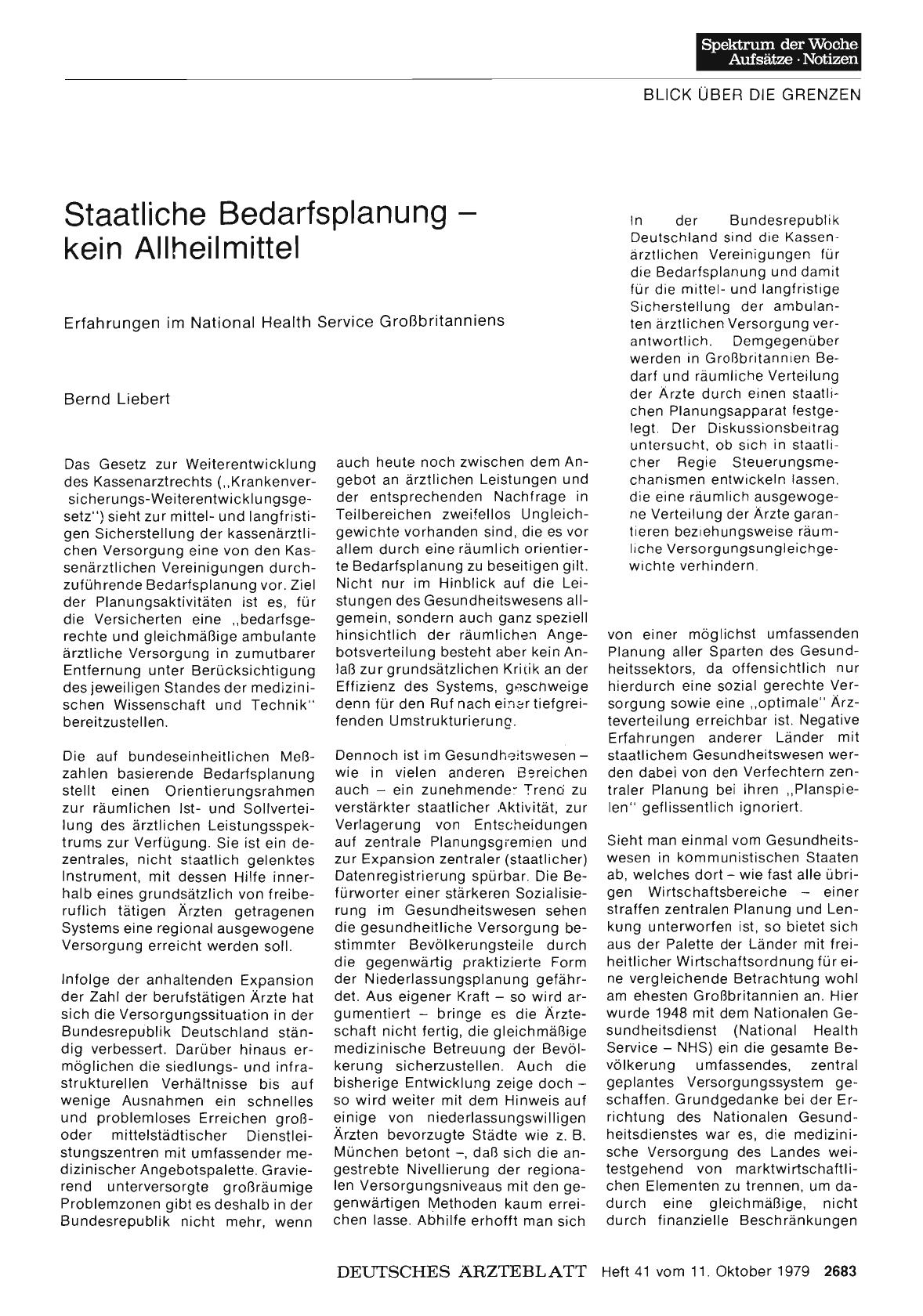 Vorschauseite 1: Staatliche Bedarfsplanung — kein Allheilmittel: Erfahrungen im National Health Service Großbritanniens