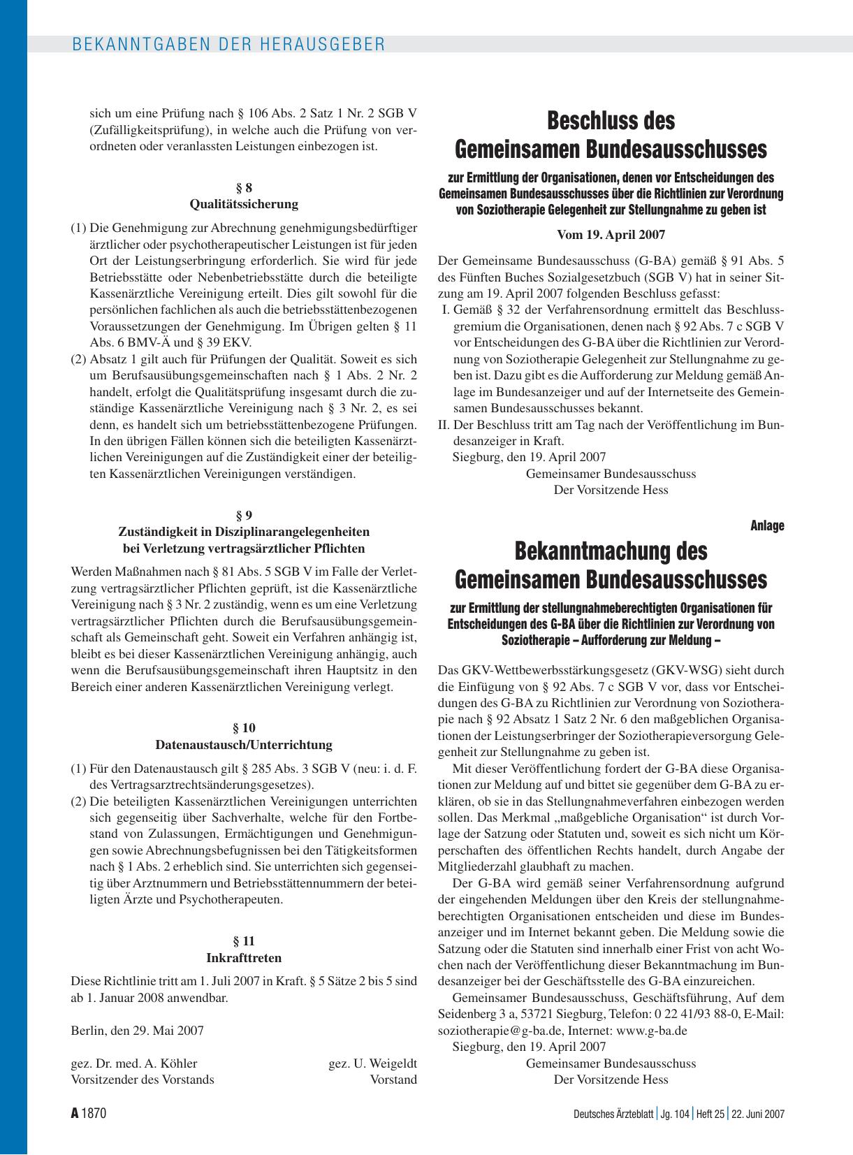 Vorschauseite 1: Bekanntmachung des Gemeinsamen Bundesausschusses zur Ermittlung der stellungnahmeberechtigten Organisationen für Entscheidungen des G-BA über die Richtlinien zur Verordnung von So…