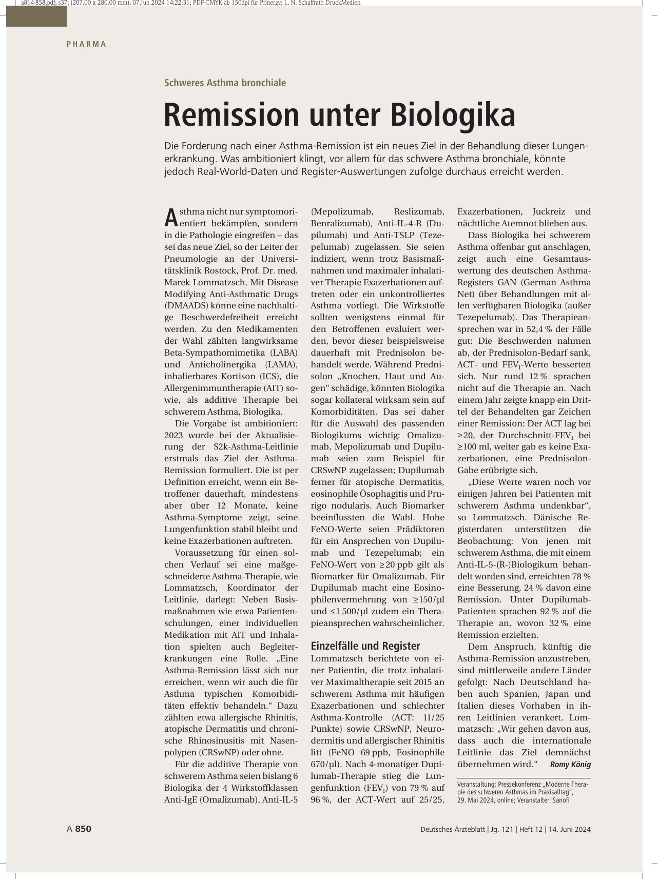 Vorschauseite 1: Schweres Asthma bronchiale: Remission unter Biologika