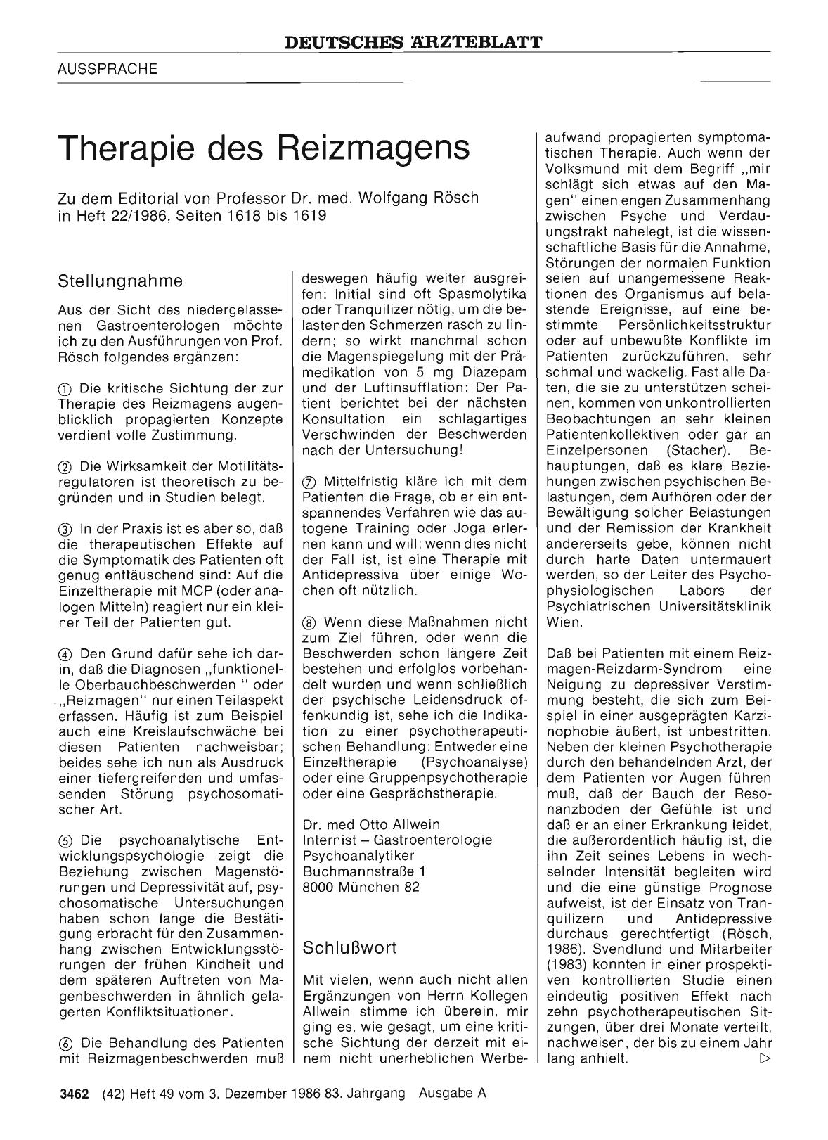 Vorschauseite 1: Therapie des Reizmagens: Schlußwort