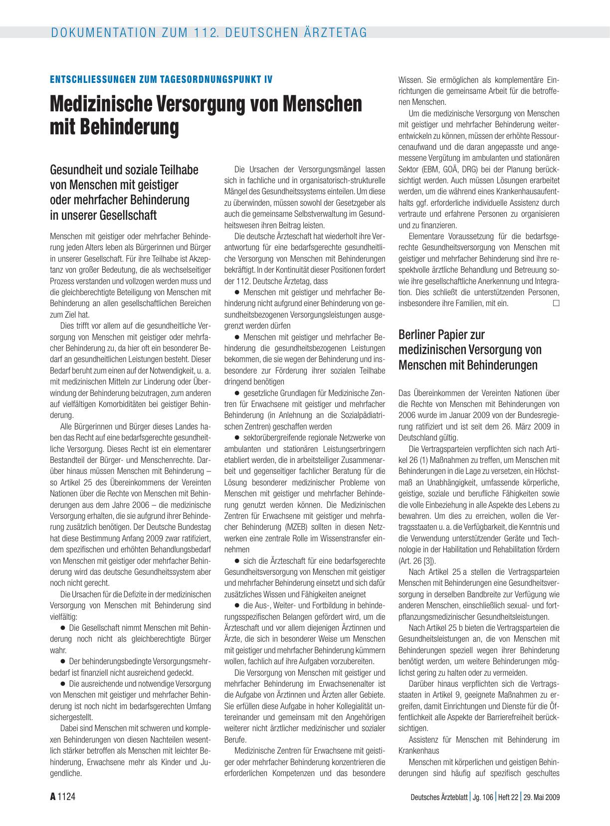 Vorschauseite 1: Entschliessungen zum Tagesordnungspunkt IV: Medizinische Versorgung von Menschen mit Behinderung