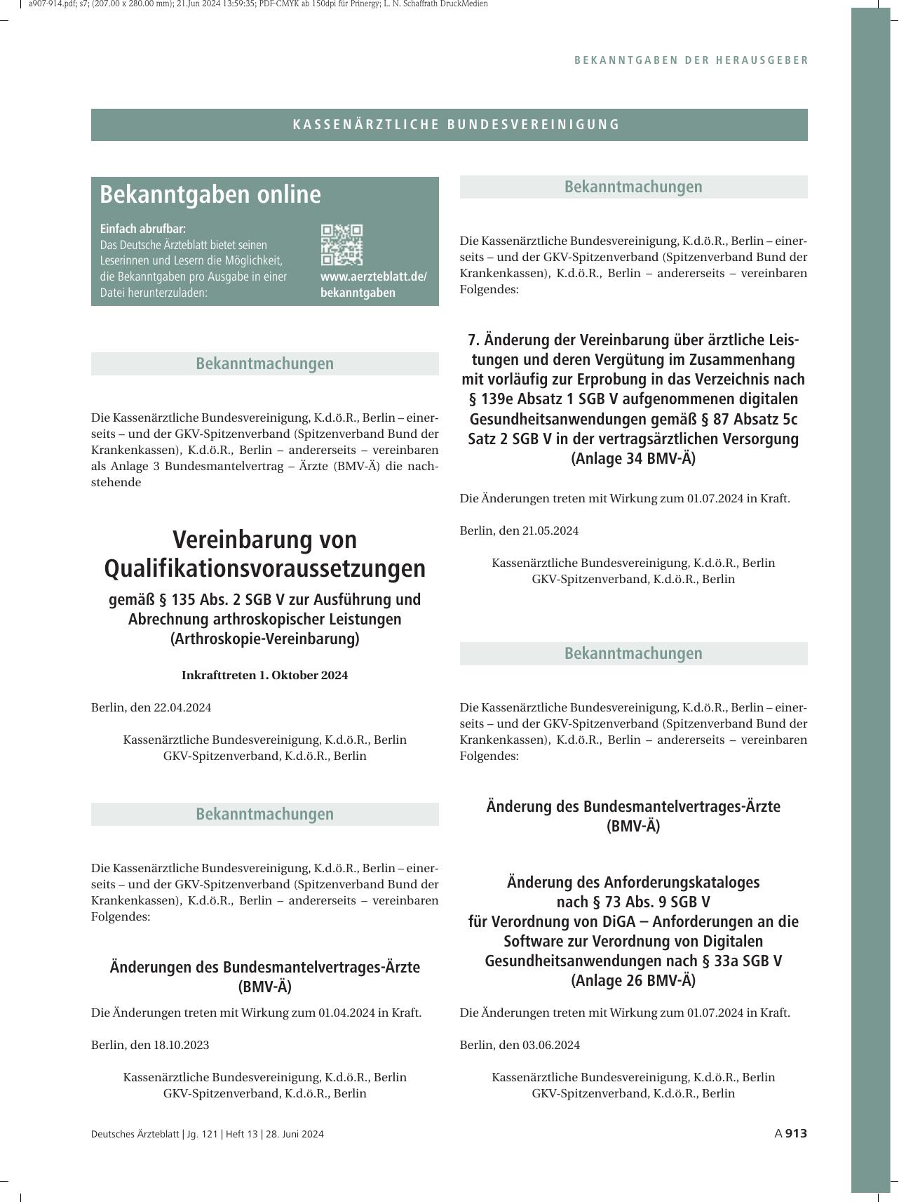 Vorschauseite 1: Vereinbarung von Qualifikationsvoraussetzungen gemäß § 135 Abs. 2 SGB V zur Ausführung und Abrechnung arthroskopischer Leistungen (Arthroskopie-Vereinbarung)