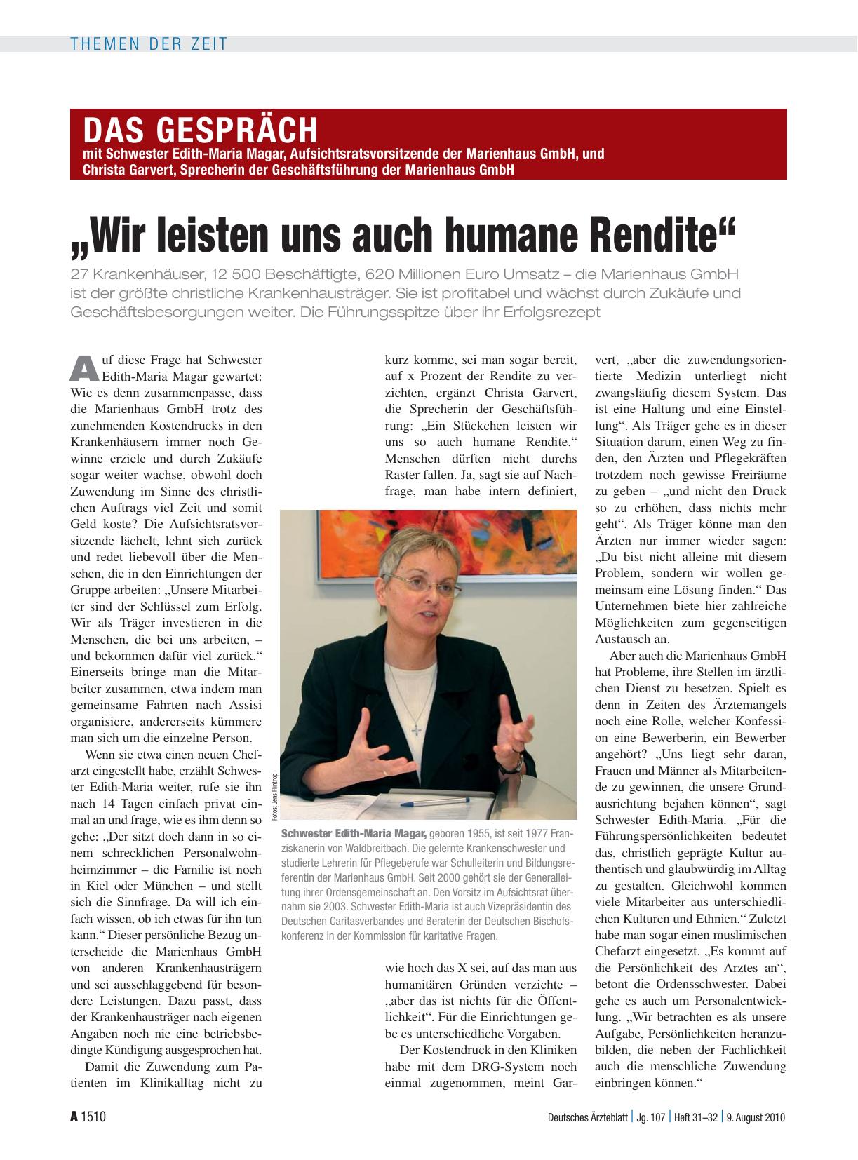 Vorschauseite 1: Das Gespräch mit Schwester Edith-Maria Magar, Aufsichtsratsvorsitzende der Marienhaus GmbH, und Christa Garvert, Sprecherin der Geschäftsführung der Marienhaus GmbH: „Wir leisten…