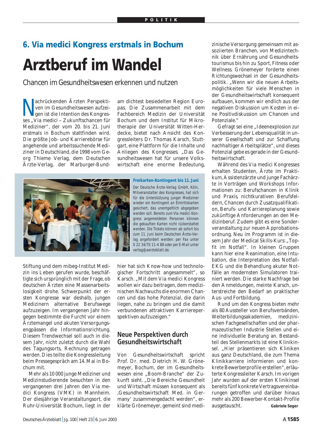 Vorschauseite 1: 6. Via medici Kongress erstmals in Bochum: Arztberuf im Wandel