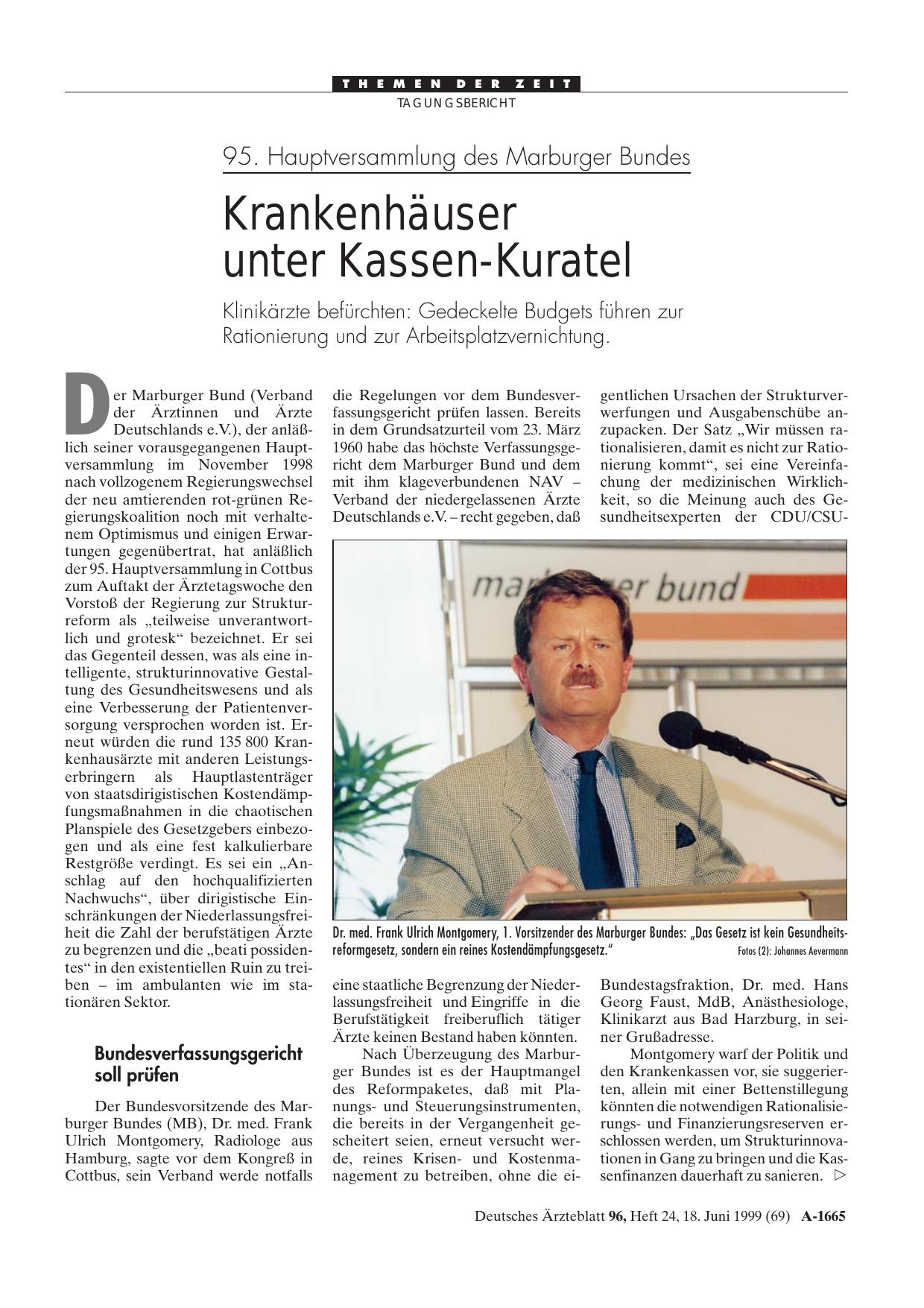 Vorschauseite 1: 95. Hauptversammlung des Marburger Bundes: Krankenhäuser unter Kassen-Kuratel