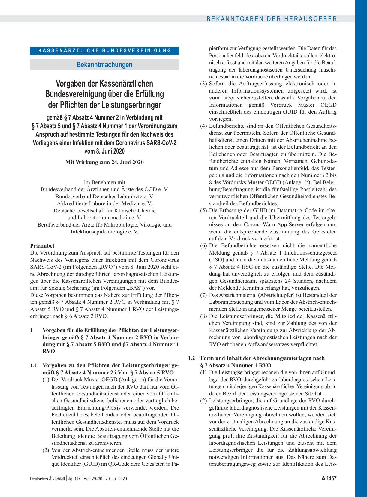 Vorschauseite 1: Vorgaben der Kassenärztlichen Bundesvereinigung über die Erfüllung der Pflichten der Leistungserbringer gemäß § 7 Absatz 4 Nummer 2 in Verbindung mit § 7 Absatz 5 und § 7 Absatz 4…