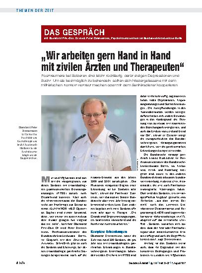 Vorschauseite 1: Das Gespräch mit Oberstarzt Priv.-Doz. Dr. med. Peter Zimmermann, Psychotraumazentrum am Bundeswehrkrankenhaus Berlin: „Wir arbeiten gern Hand in Hand mit zivilen Ärzten und Thera…