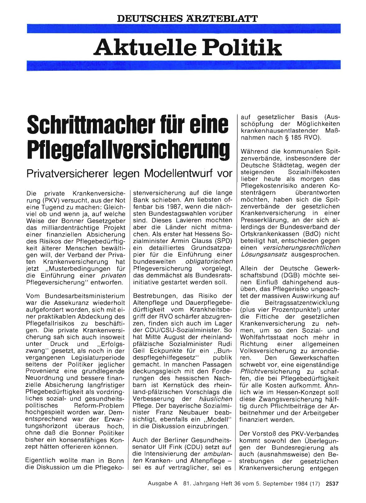 Vorschauseite 1: Schrittmacher für eine Pflegefallversicherung: Privatversicherer legen Modellentwurf vor
